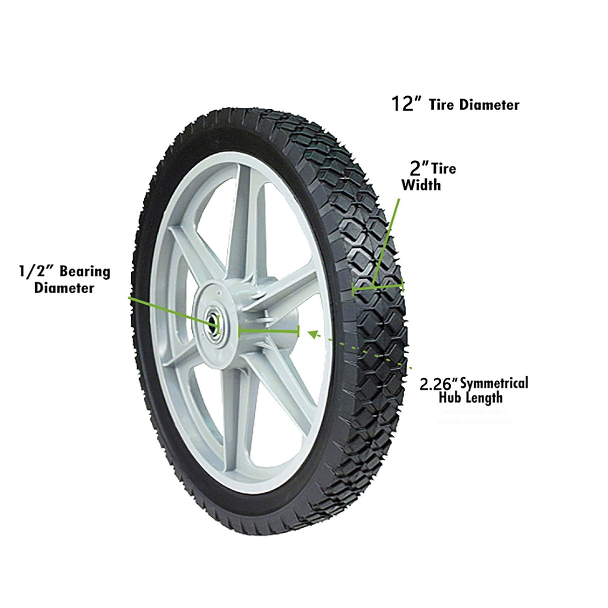 Universal 12" Spoked Plastic Wheel And Tire For Lawn Mowers & Trolley Carts, 10 Pack - Black