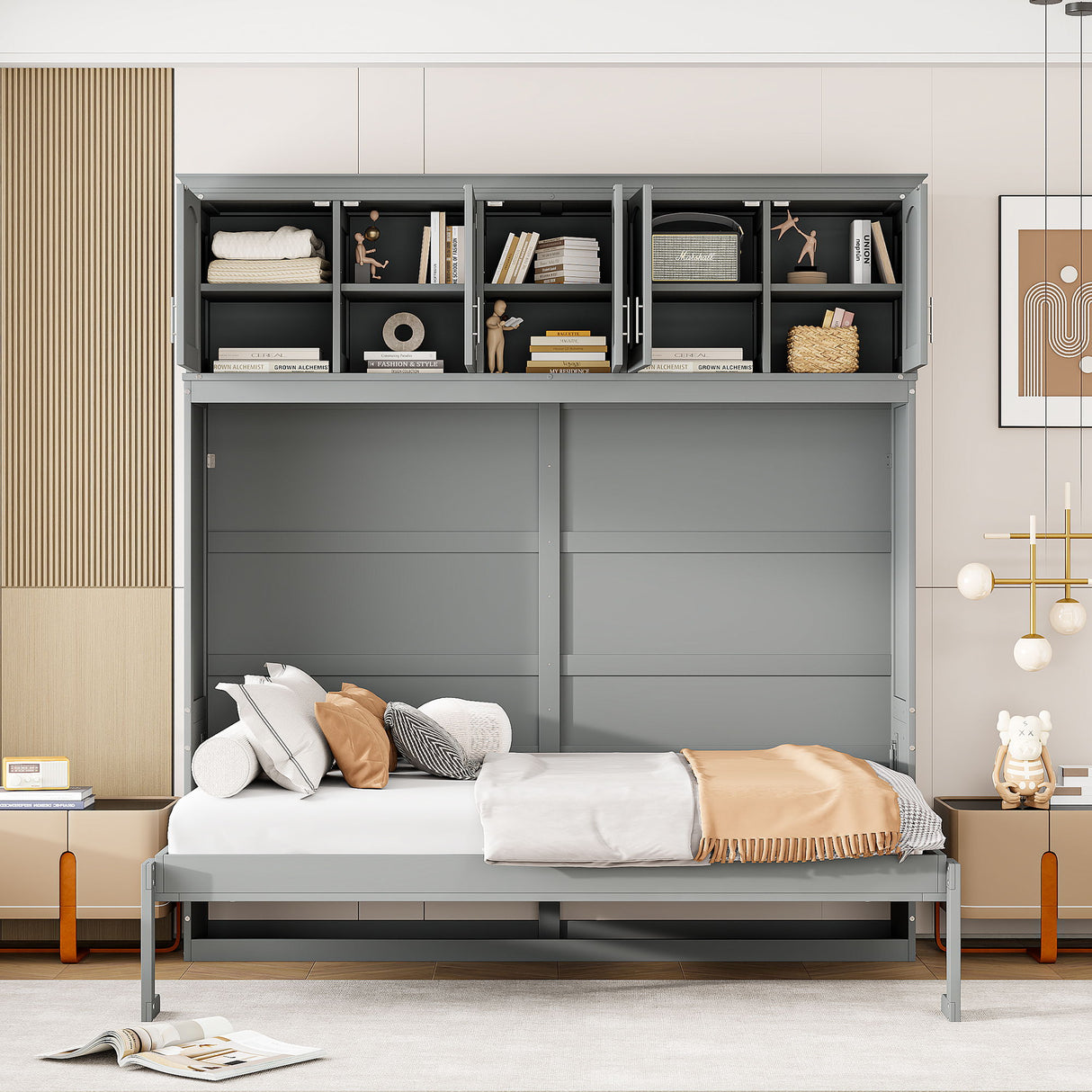 Murphy Modern Bed With Top Cabinets For Space Saving And Comfort
