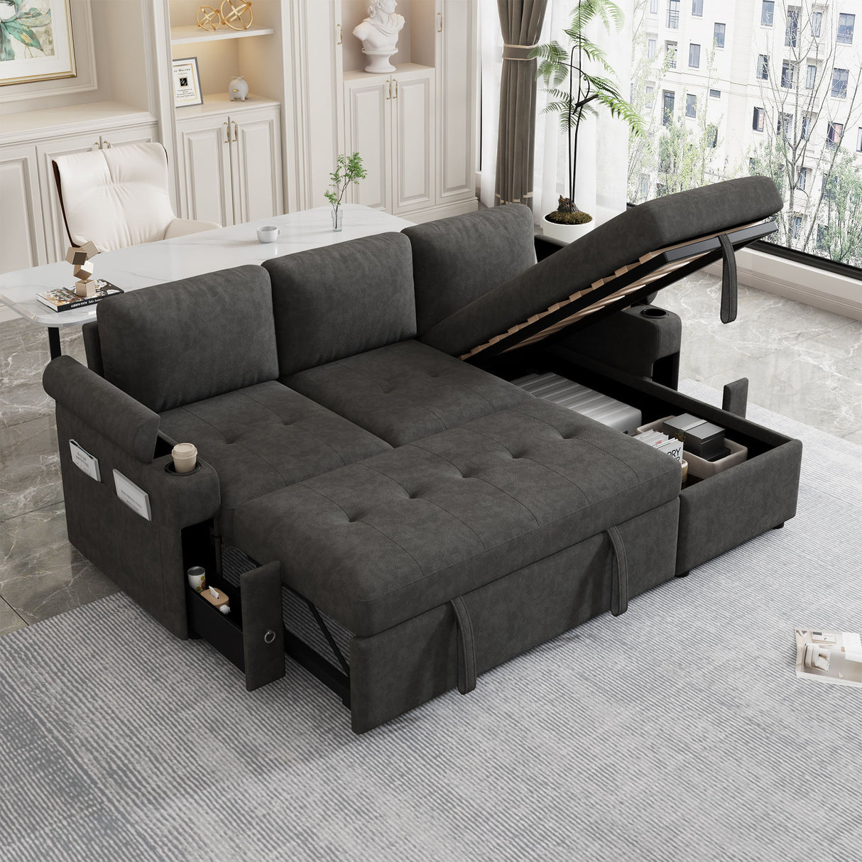 Convertible L Shaped Sofa Couch With Storage, Cup Holders, USB Ports
