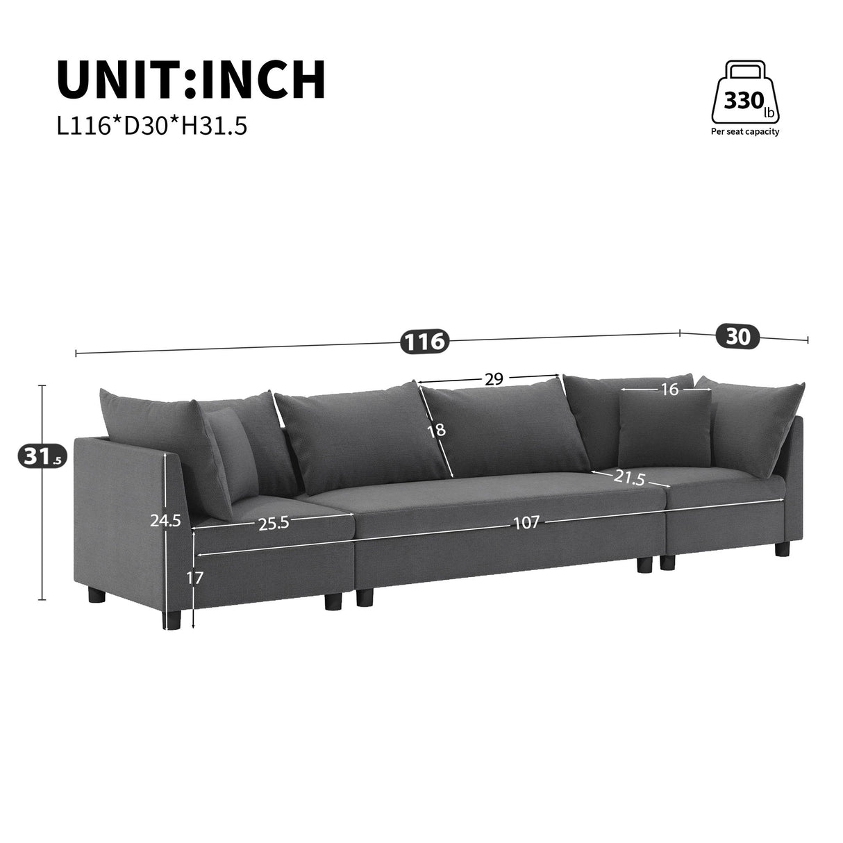 Modern Modular Sectional Oversized 4 Seat Couch Set & 4 Pillows, Minimalist Style Wide Seat Comfy Sofa - Gray