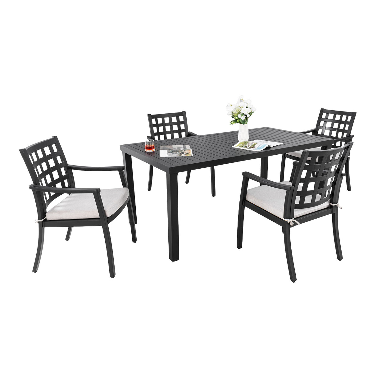 5 Pieces Outdoor Patio Dining Set, Rectangular Table And 4 Stationary Dining Chairs - Ember Black