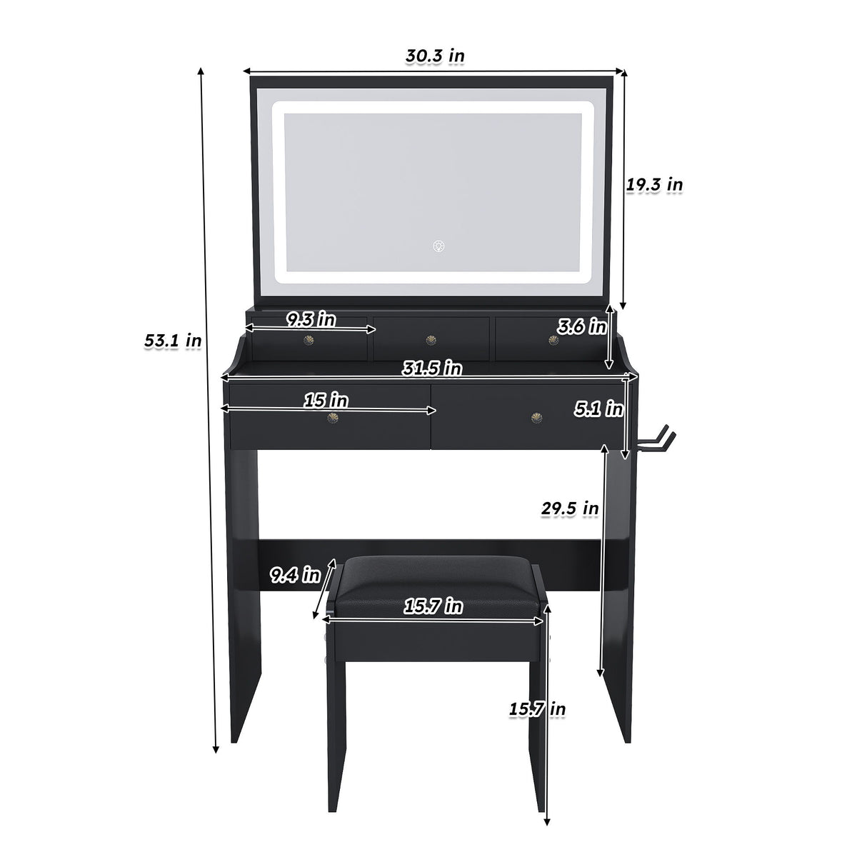 Modern Makeup Vanity Set With Power Outlet, Hair Dryer Holder, And Adjustable Lighting