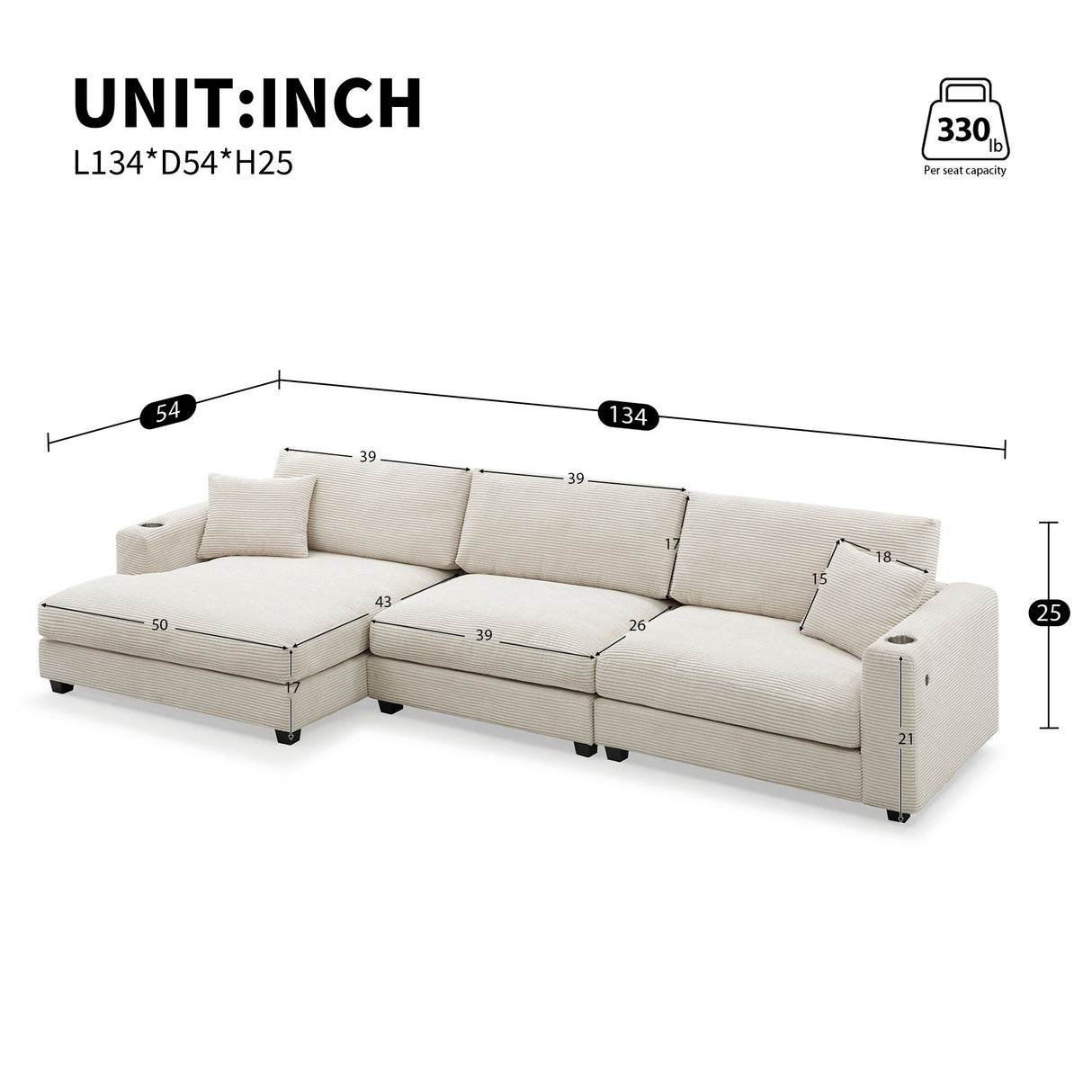 Oversized Sectional L Shaped Cloud Couch With USB Charging Port Cup Holder Deep And Wide Seat Sofa With Chaise Comfy