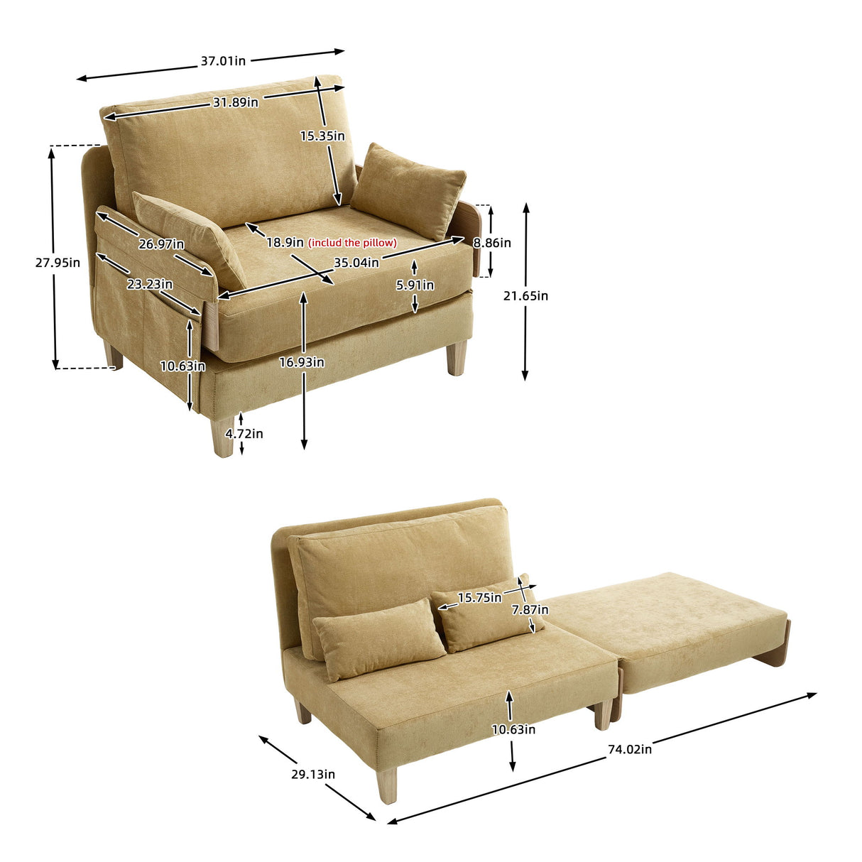 Mid Century Modern Foldable Sofa Bed, 3 In 1 Convertible Sleeper With 3 Pillows