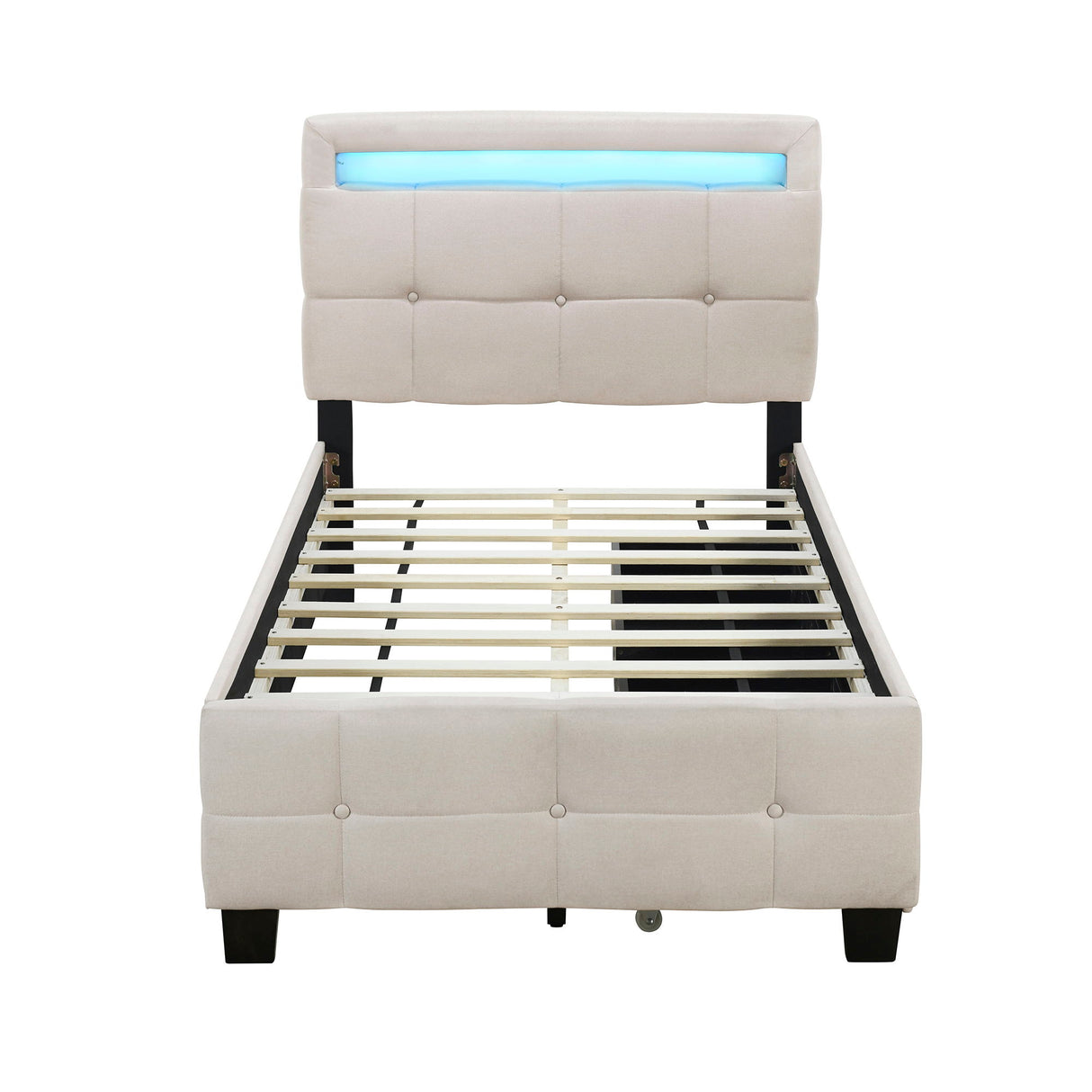 Upholstered Platform Bed With LED Frame, With Trundle And 2 Drawers