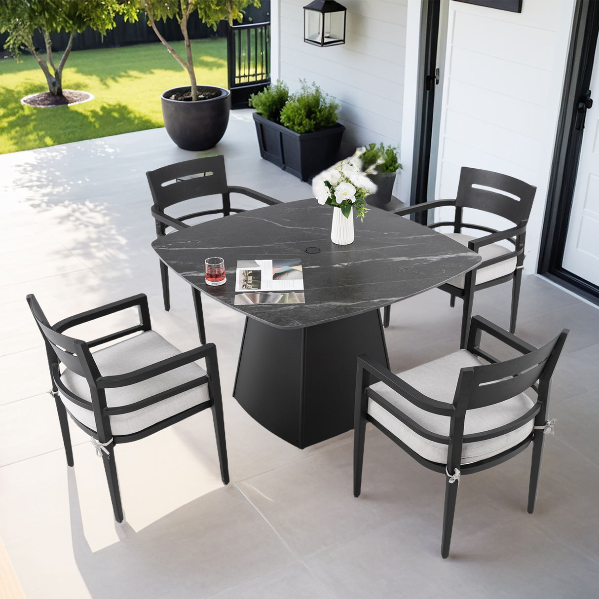Outdoor Patio Dining Set, Squircle Dining Table, Dining Chairs With Sunbrella Cushions