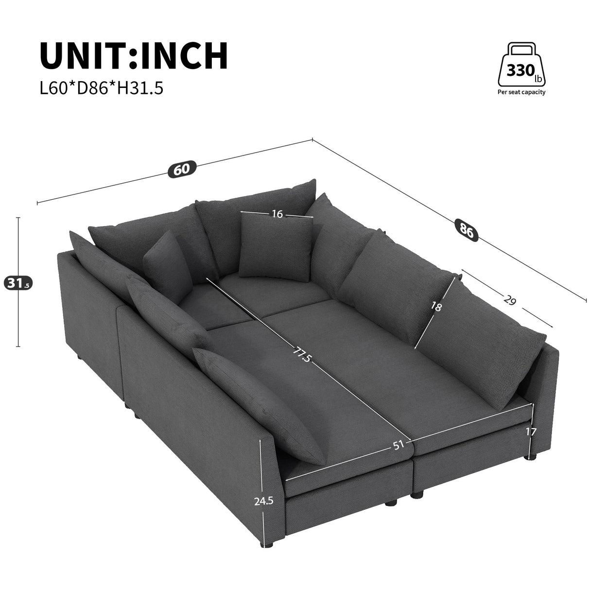 Modular Sectional Bed Couch Set With Pillows Free Combination, Minimalist Style Oversized 6 Seat Convertible Sofa