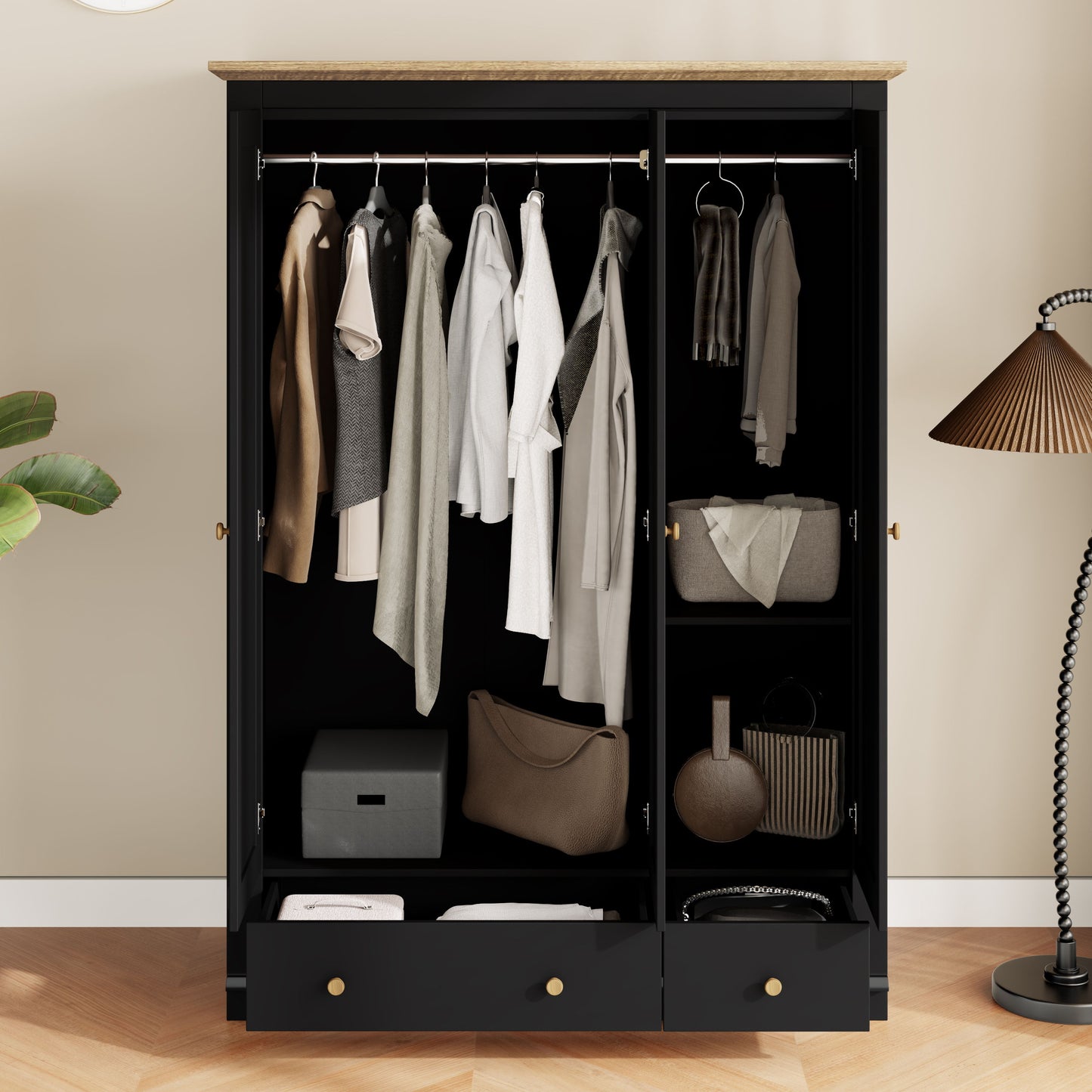 Modern 3 Doors Armoire Wardrobe Closet With 2 Drawers, Tall Wardrobe Cabinet With Hanging Rail And Shelve For Bedroom - Natural / Black