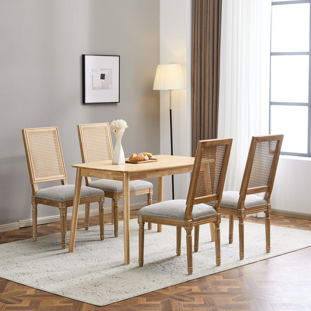 French Country Dining Chair With Rectangular Cane Backrest And Smooth Upholstered Seating