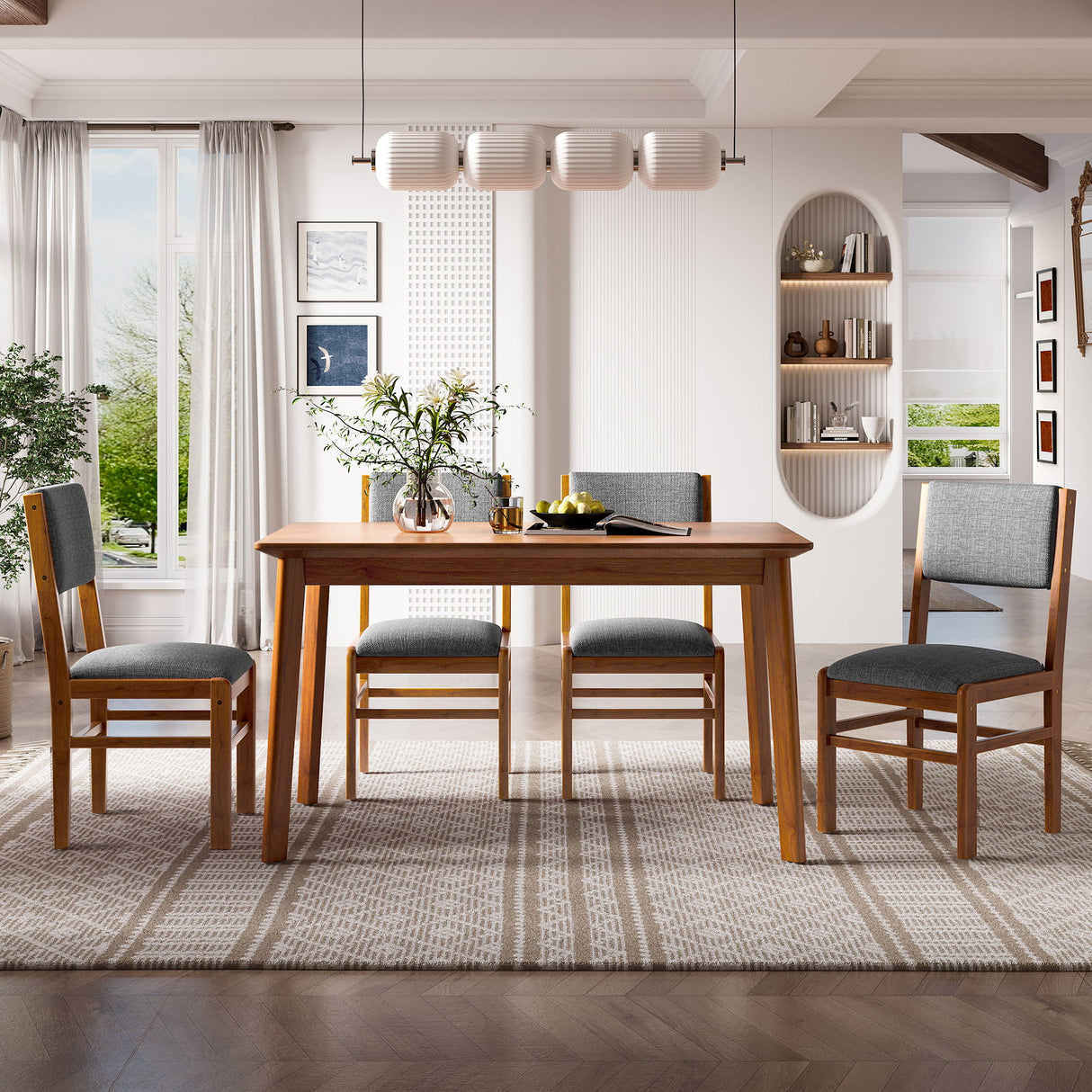 Dining Chairs (Set of 4), Mid Century Modern Fabric Upholstered Kitchen Side Chairs, Farmhouse Dining Room Chair - Brown / Gray