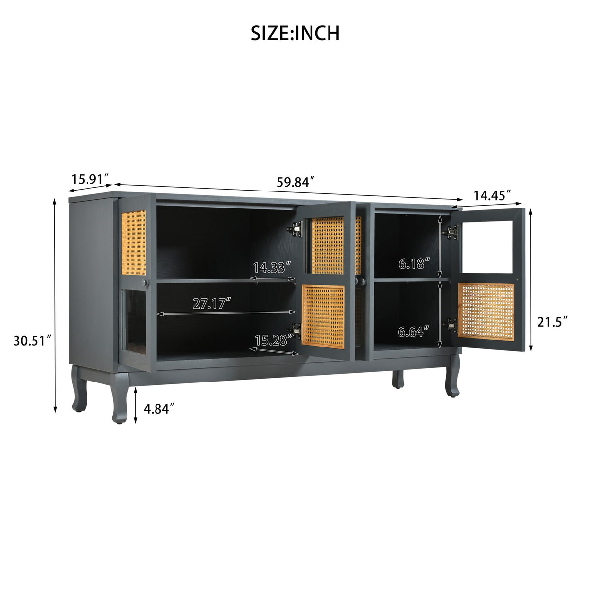 Retro Industrial 4 Door Sideboard With Large Storage, Rattan And Glass Doors