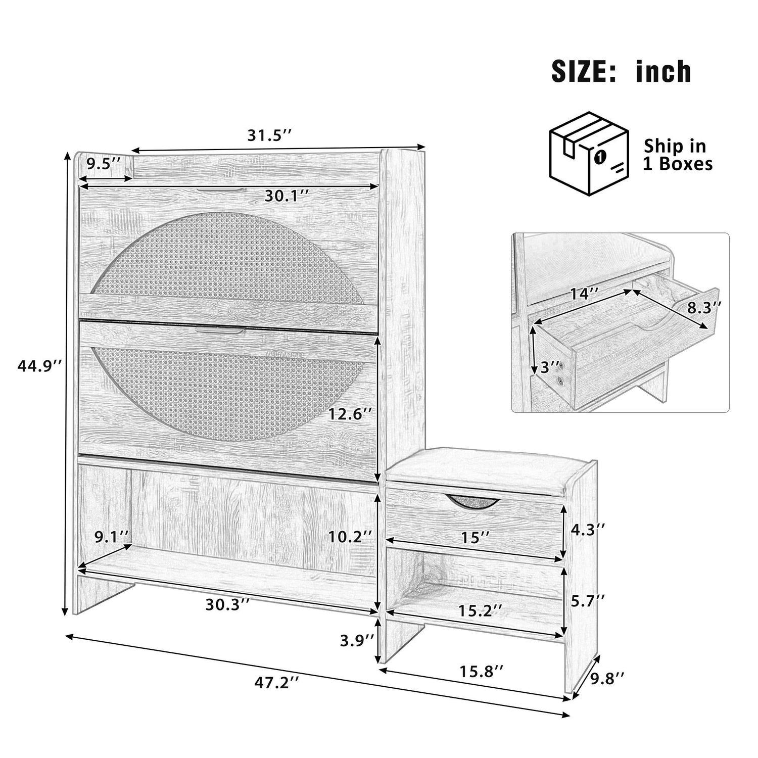 Shoe Storage Cabinet Rattan Shoe Storage Organizer With 2 Flip Drawers, A Storage Drawer And A Bench For Entryway, And Hallway - Light Brown