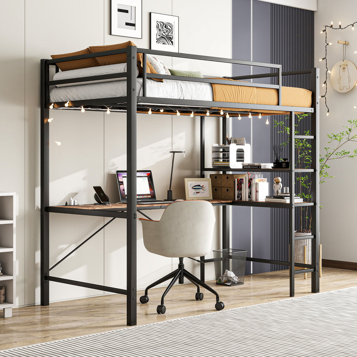 Space Saving Twin Size Loft Bed With L Shaped Desk, Shelves, Charging Station, Led Lights - Brown