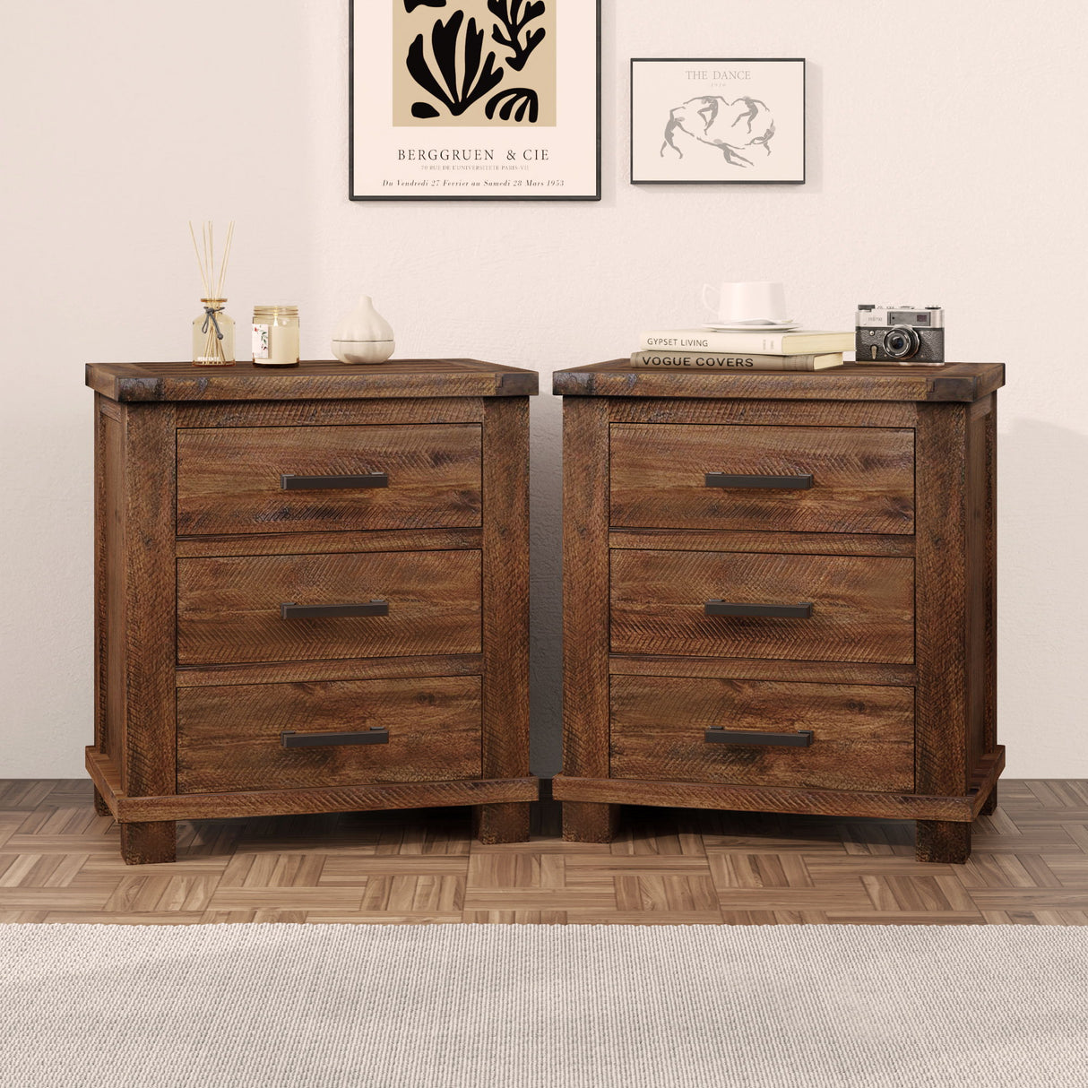 Rustic Farmhouse Nightstand (Set of 2) With 3 Drawers - Natural