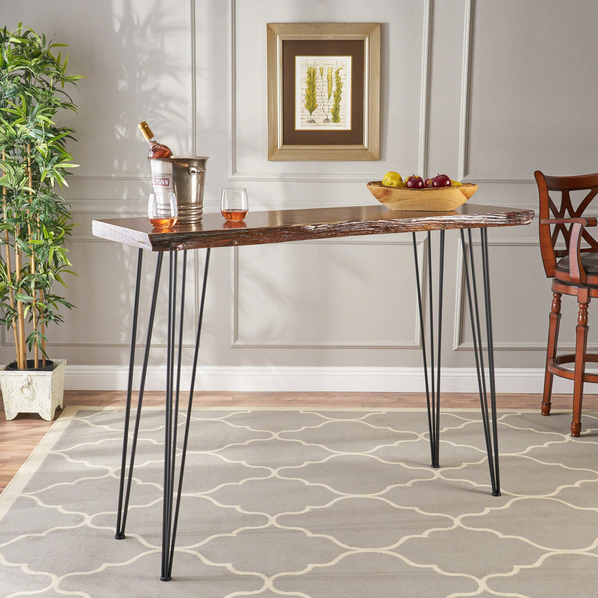Modern Industrial Breakfast Bar Table, Metal Hairpin Legs & Wood Veneer Top - Natural
