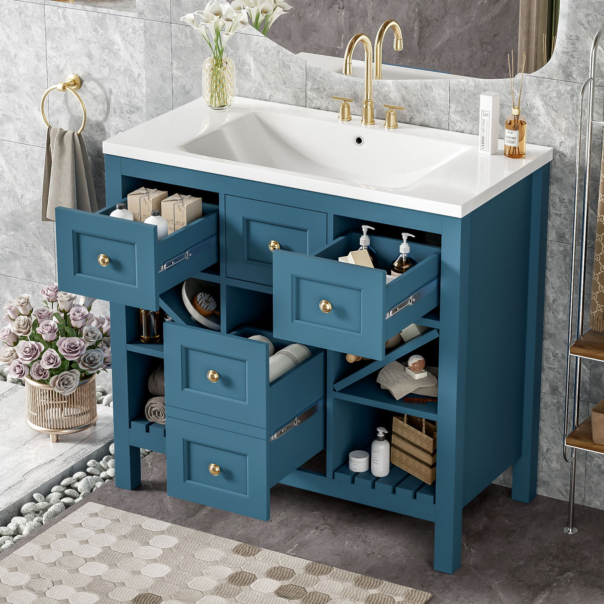 Bathroom Vanity With Resin Sink Combo, Freestanding Vanity Set With 5 Drawers
