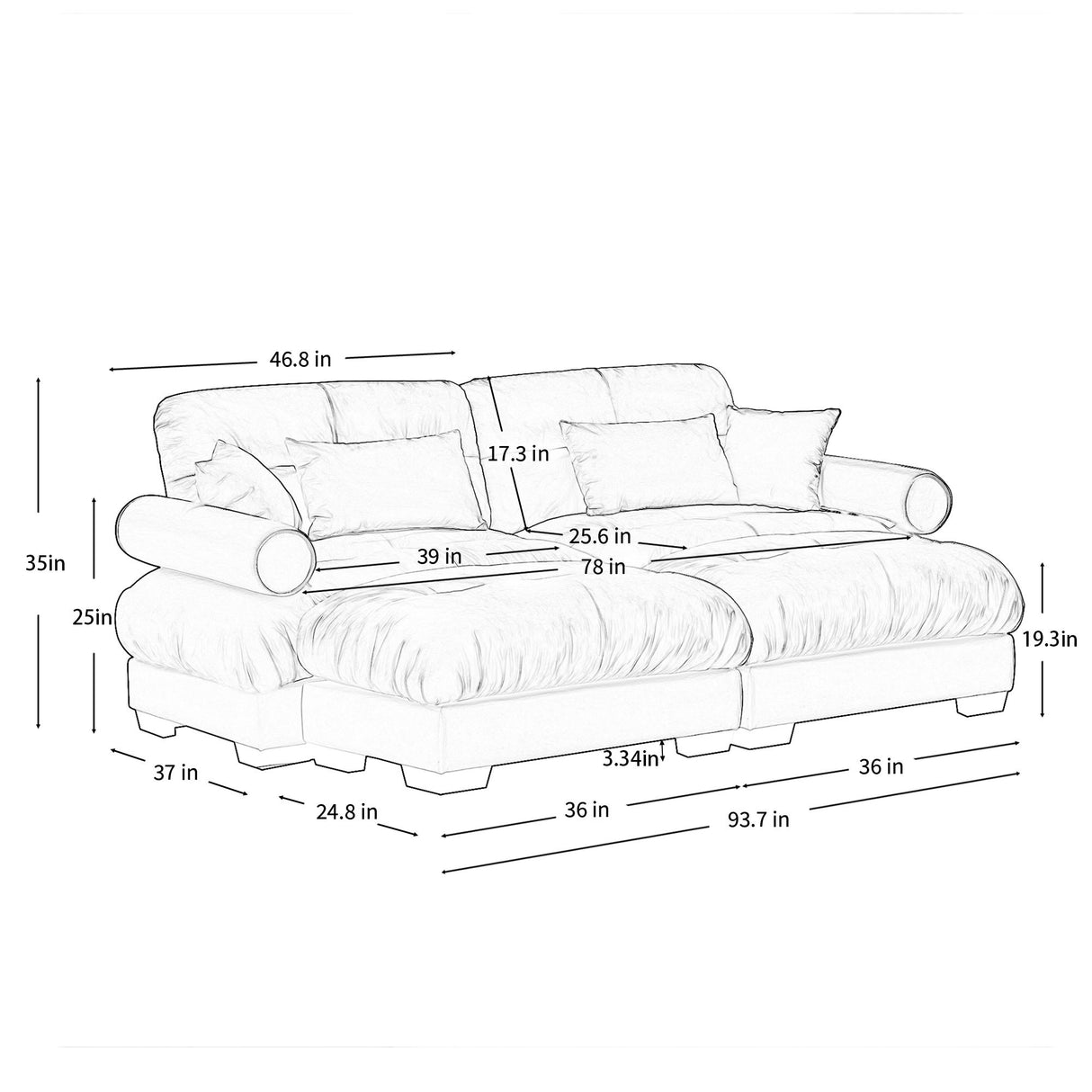 Modern Sectional Sofa With Ottoman, Round Bolster Armrests, Waist And Throw Pillows