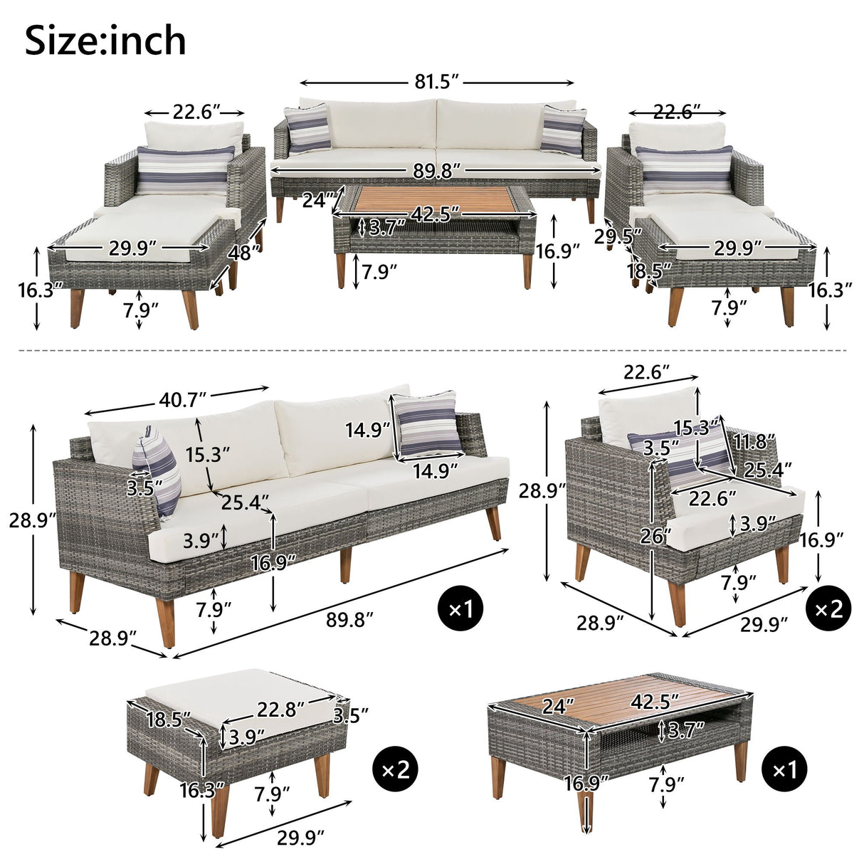 6 Pieces All Weather Sofa Set, Outdoor Rattan Sofa With Double Cushions
