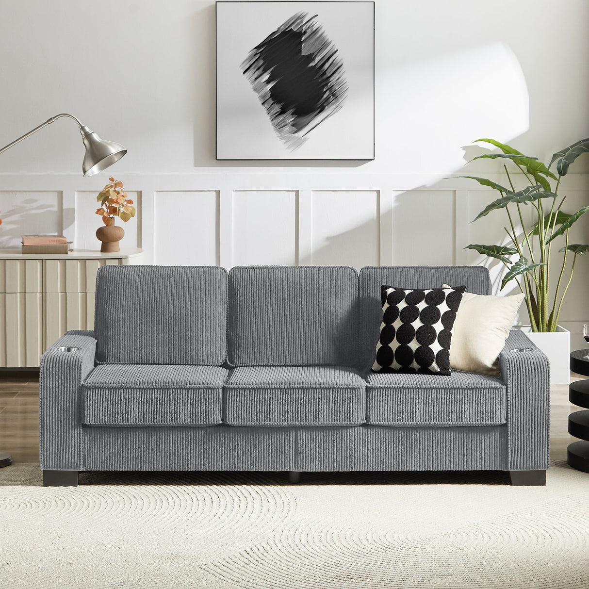 Modern Corduroy Fabric Sofa, 3 Seater Compressed Couch With Cup Holders