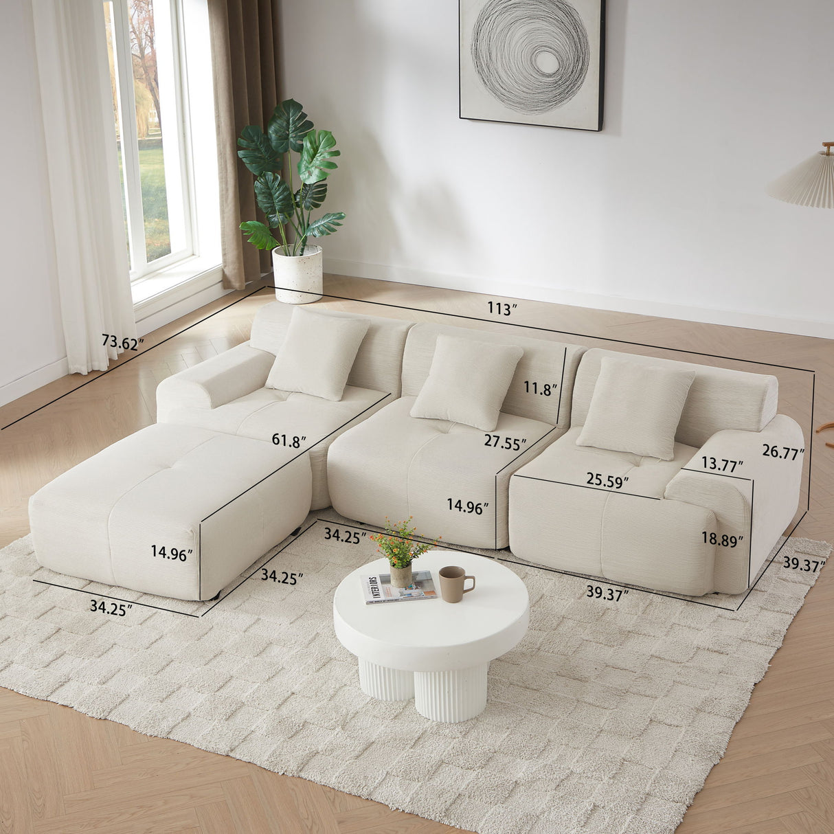 L Shaped Modular Sectional Sofa Corduroy And Movable Ottoman