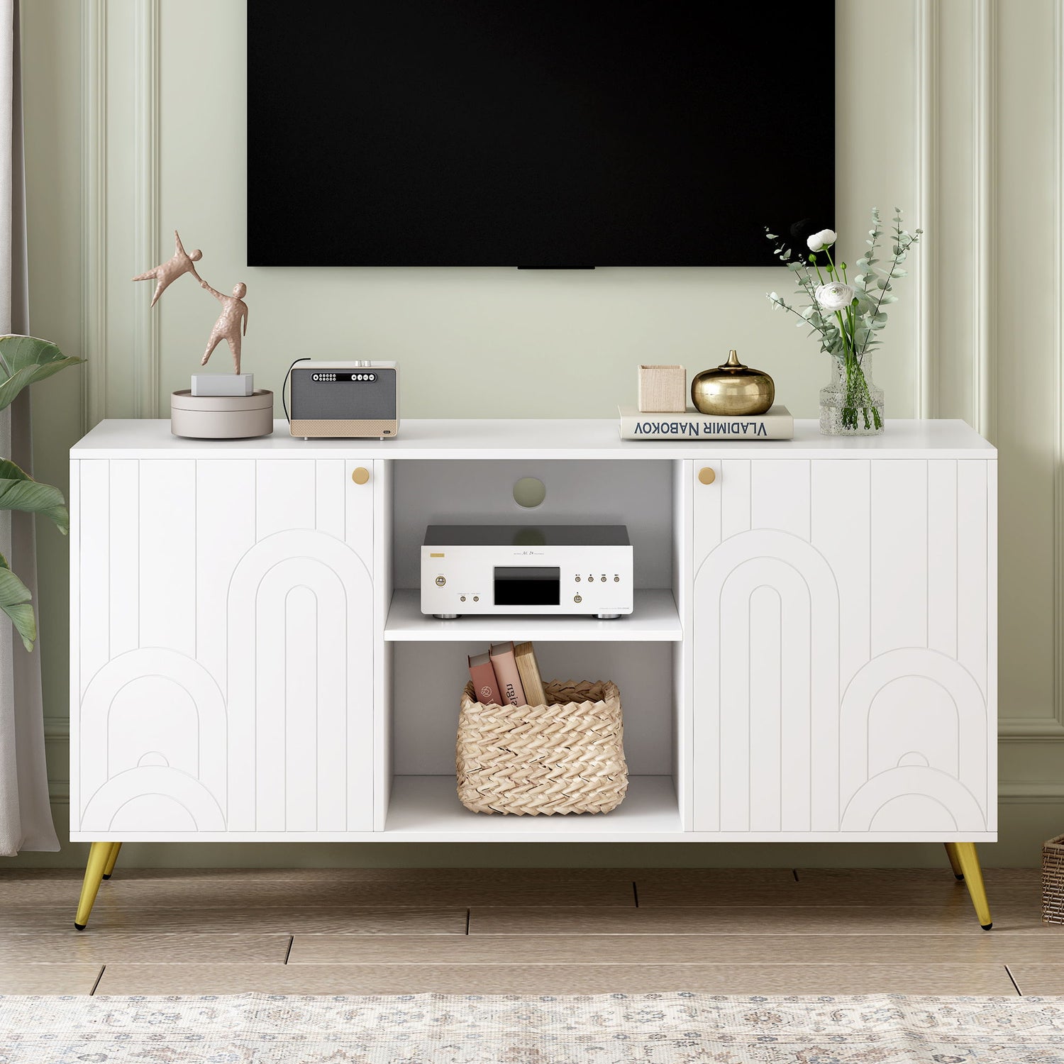 Modern TV Stand With Adjustable Shelf, Handles And Anti-Tip Device