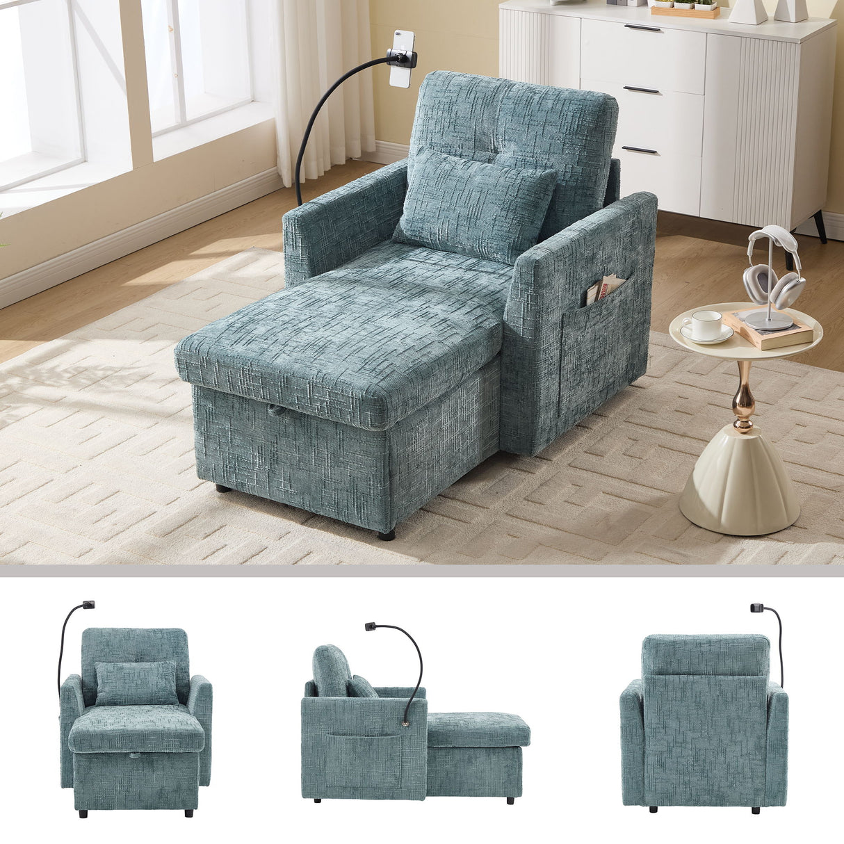 Multifunctional Chenille Recliner Sofa With Storage And Phone Bracket