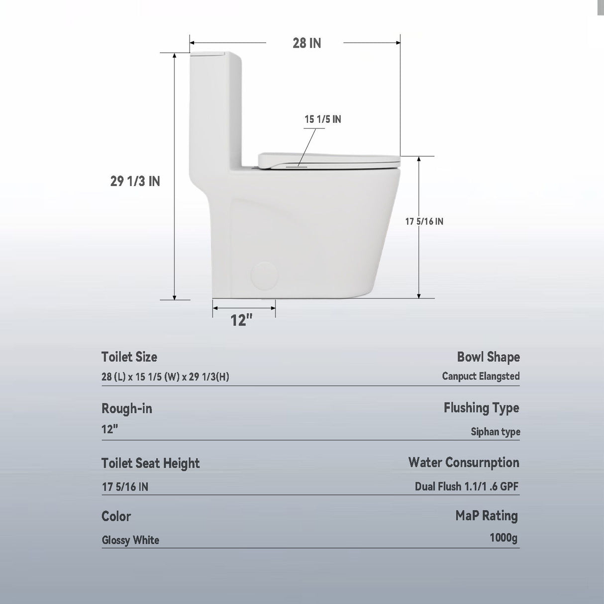 Upgraded Design Armrest, With Glossy Gw 007 1 Piece Toilet With Tornado Flush, Soft Close Seat, Dual Flush Map 1000G, Comfort Chair Seat - Gloss White