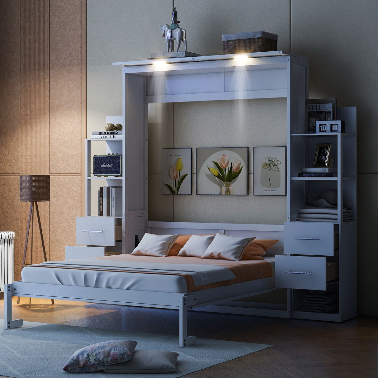 Murphy Wall Bed With Shelves, Drawers And LED Lights