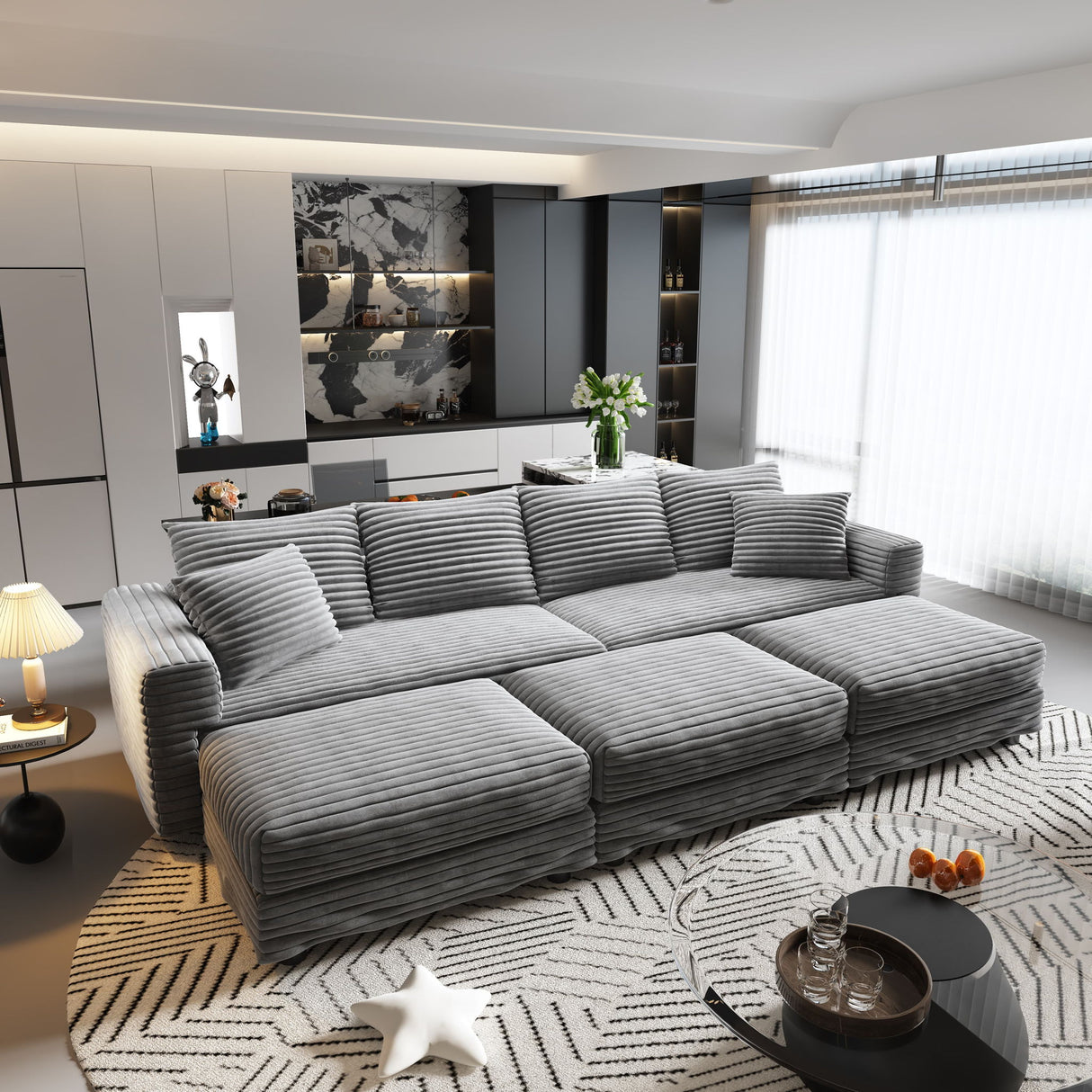 Deep Seat Convertible Sofa With Soft Pillows And Ottomans