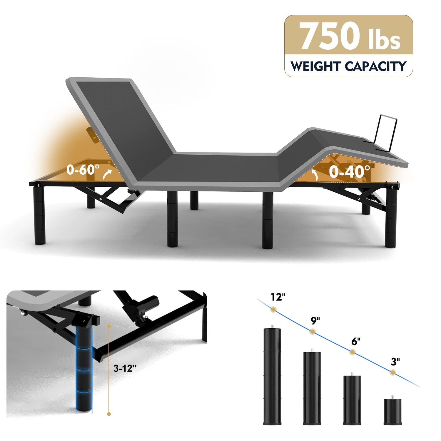 Adjustable Bed Frame With Massage Head & Foot Incline, Wireless Remote, USB Ports, LED Night Light