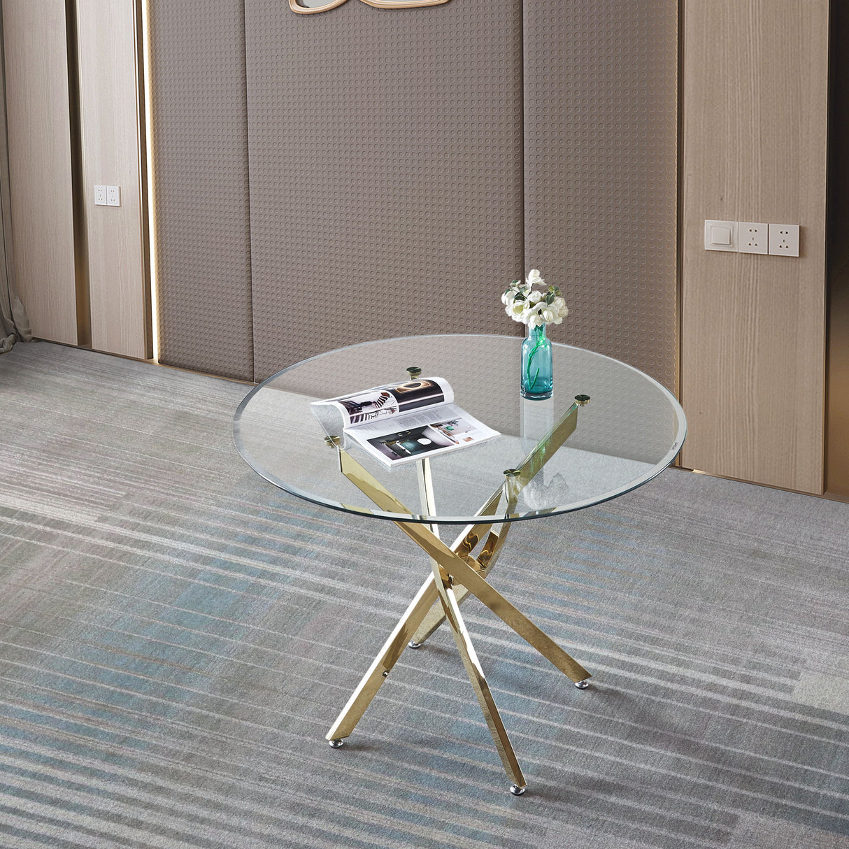 Contemporary Round Clear Dining Tempered Glass Table With Gold Finish Stainless Steel Legs - Gold