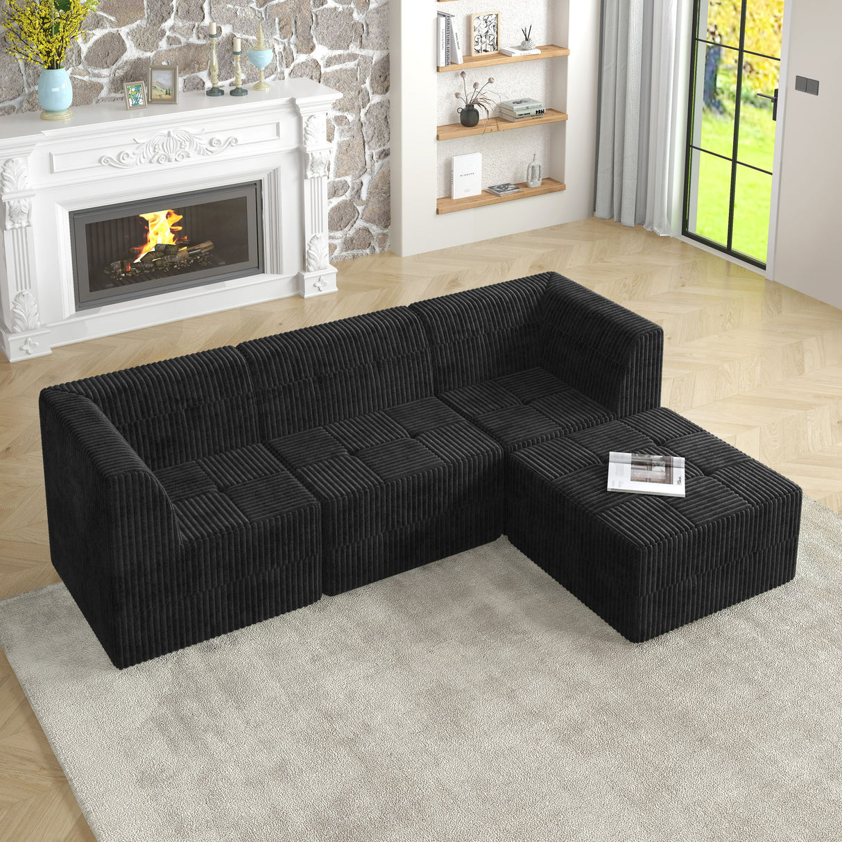 Modern Minimalist L Shape Modular Sectional Sofa, Sleeper Corduroy Couch