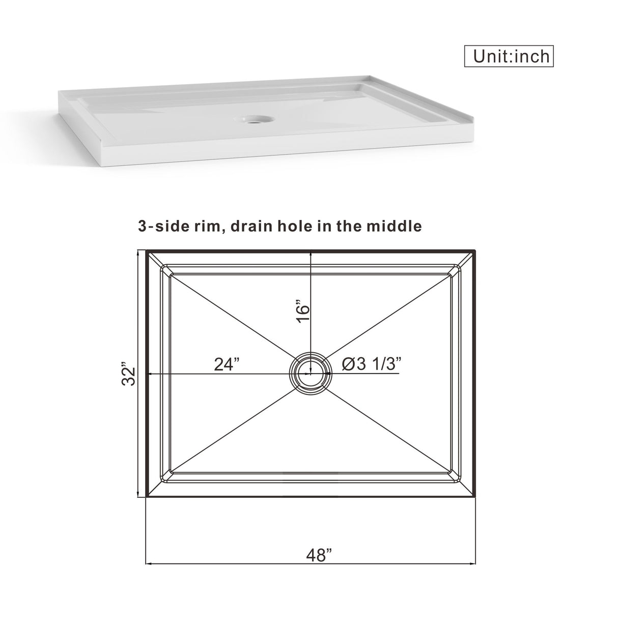Shower Base Anti Slip Center Drain Single Threshold 32" X 48" - White