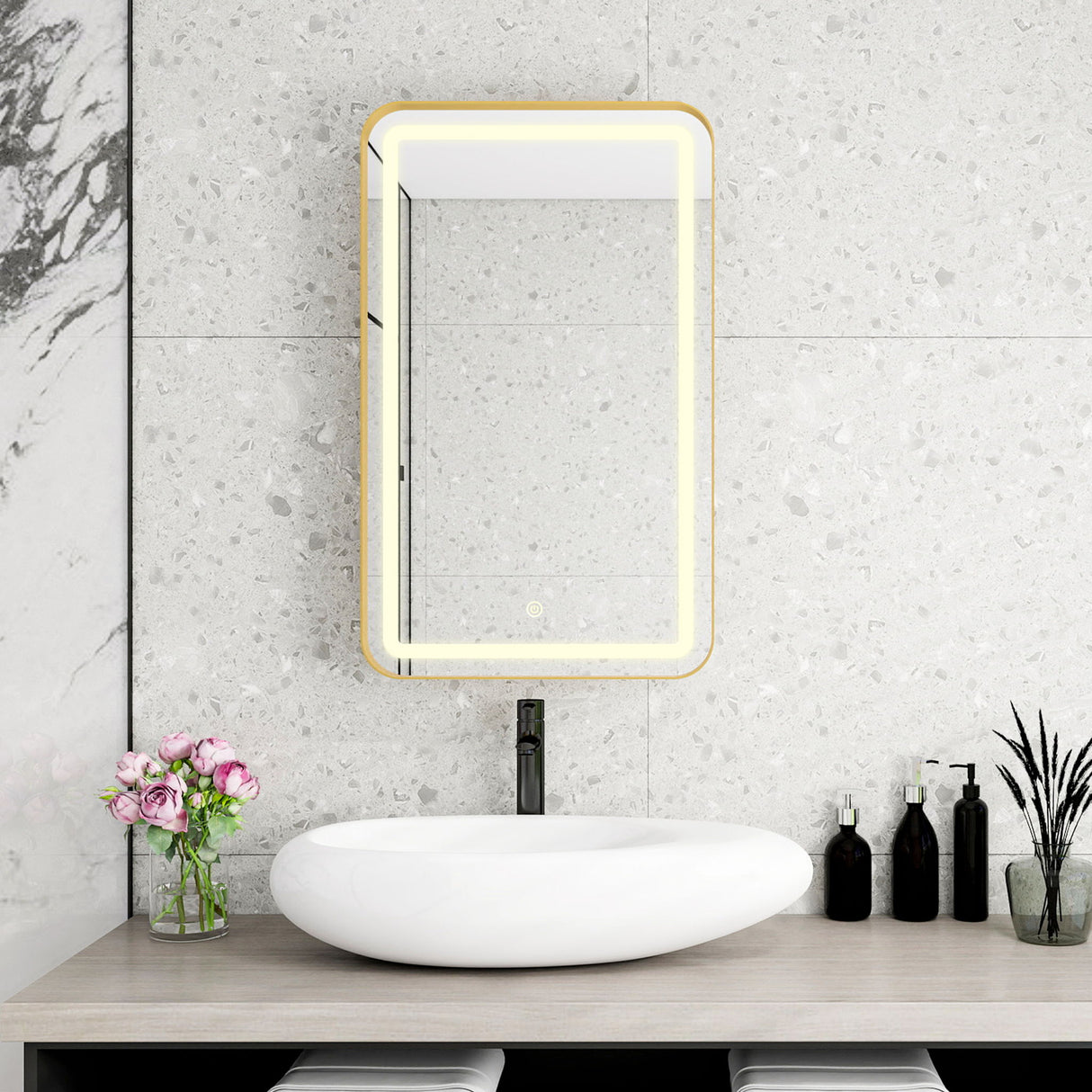 Rectangle Medicine Cabinet Mirror Bathroom Mirror With Storage Wall Mounted Medicine Mirror Cabinet With LED - Gold