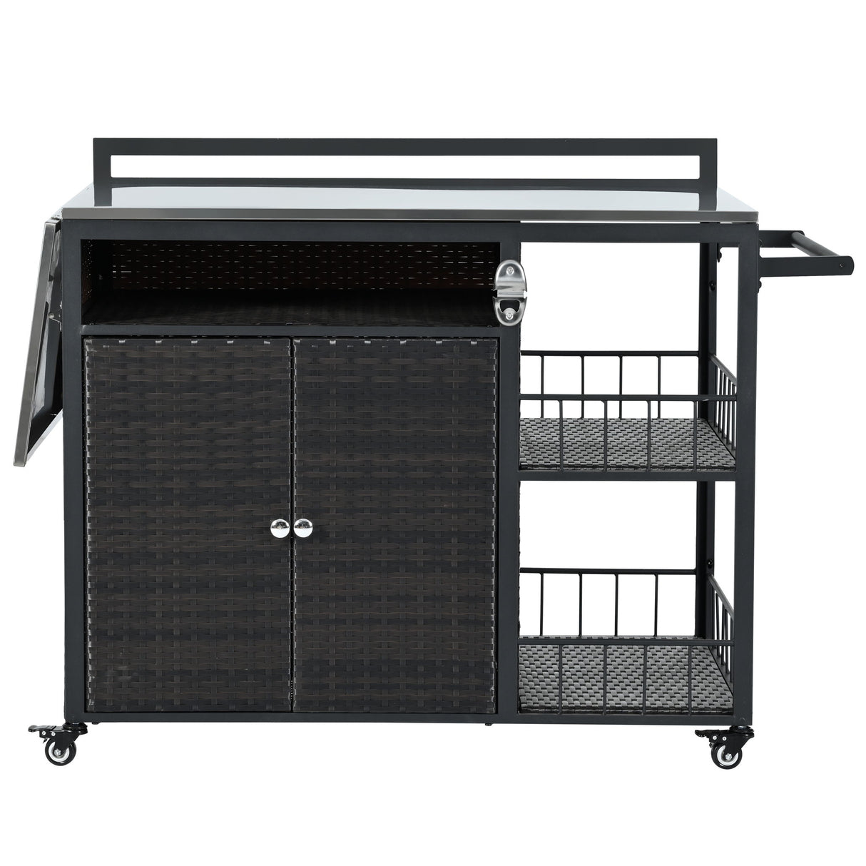 Outdoor Kitchen Island With Storage, Cooking Station, Grill Cart, Foldable Tabletop, And Bottle Opener - Dark Brown