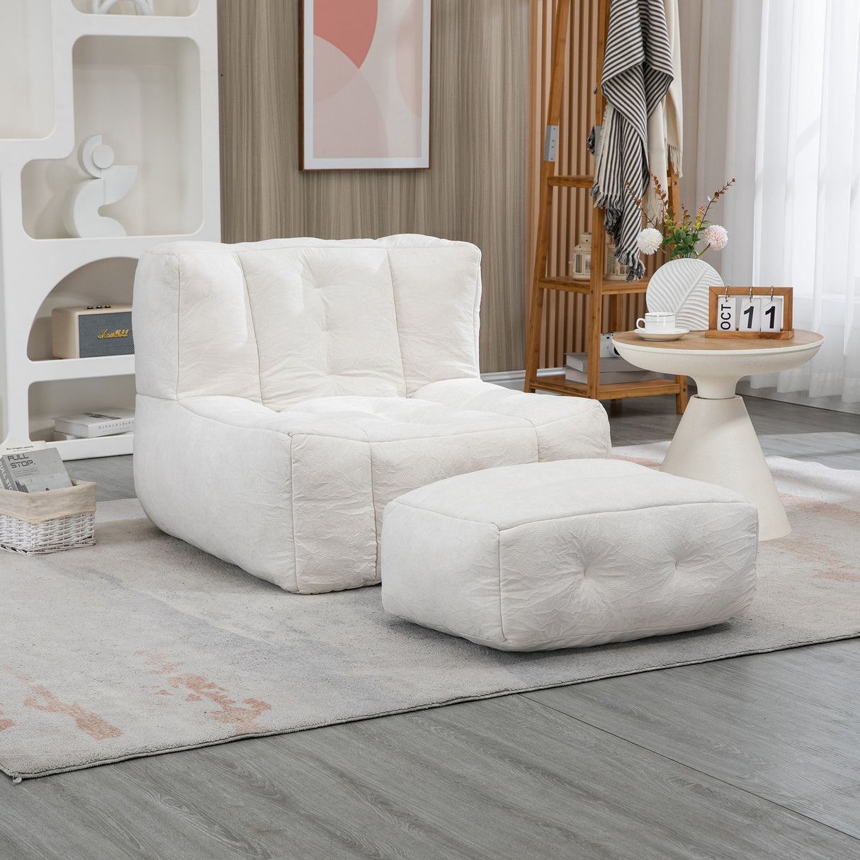 Modern Indoor Fluffy Bean Bag Chair With Memory Foam And Ottoman, Super Soft