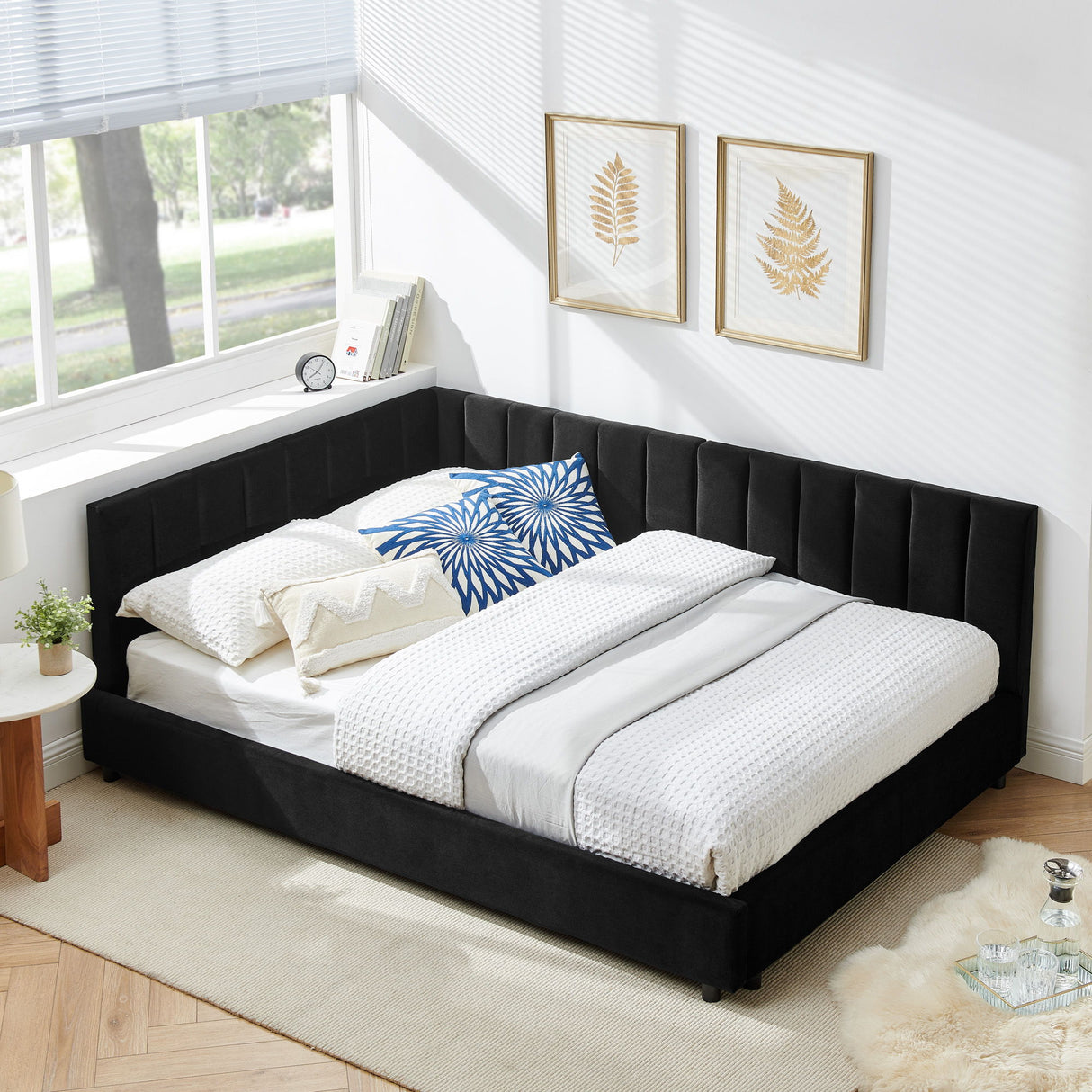 Mid-Century Upholstered Tufted Bed Frame With Backrest And Armrests
