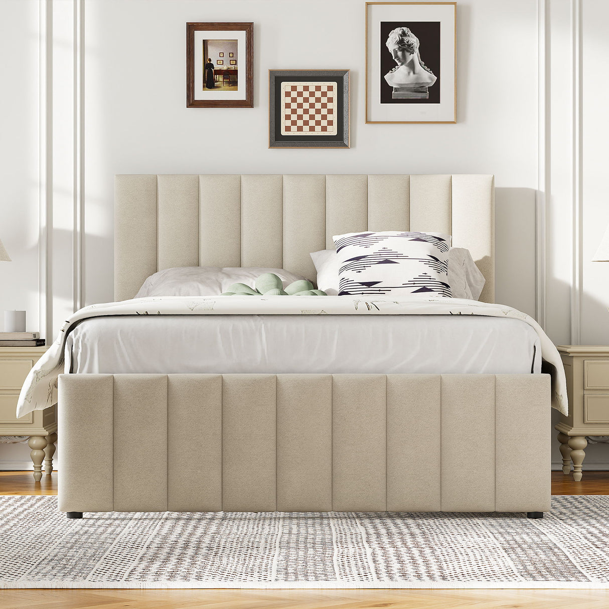 Upholstered Platform Bed With Twin Size Trundle And 3 Drawers