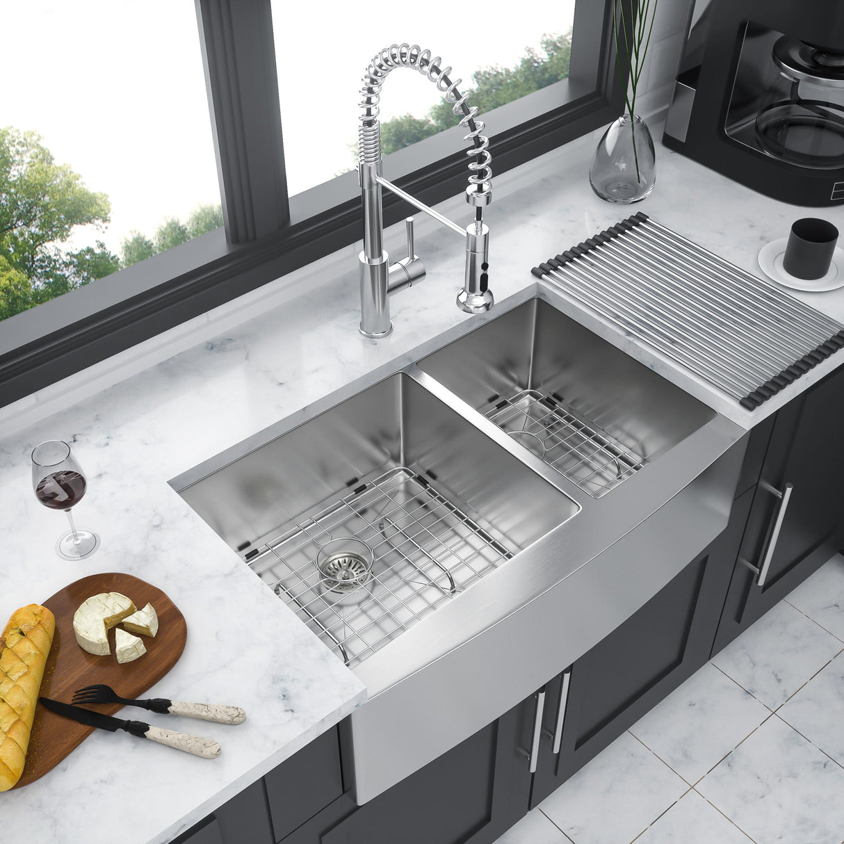 Double Bowl Sink 60 / 40 Split Apron Front Kitchen Sink In 16 Gauge With 2 10" Deep Basins 33" X21" X10" - Brushed Nickel