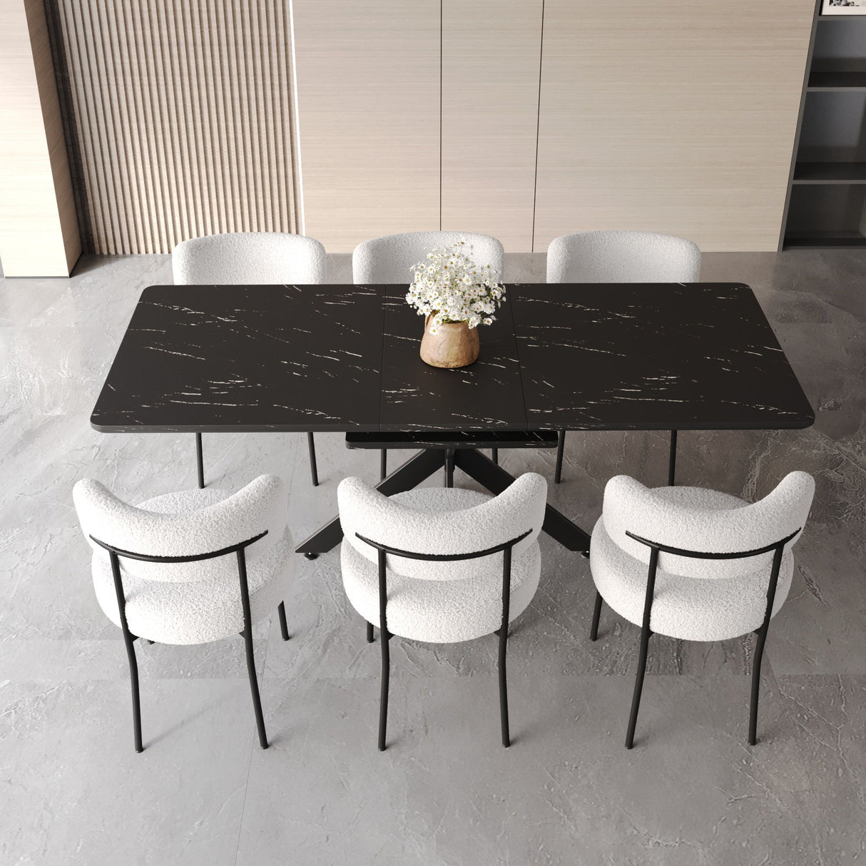 Extendable Dining Table Set With Curved Backrest Upholstered Chairs