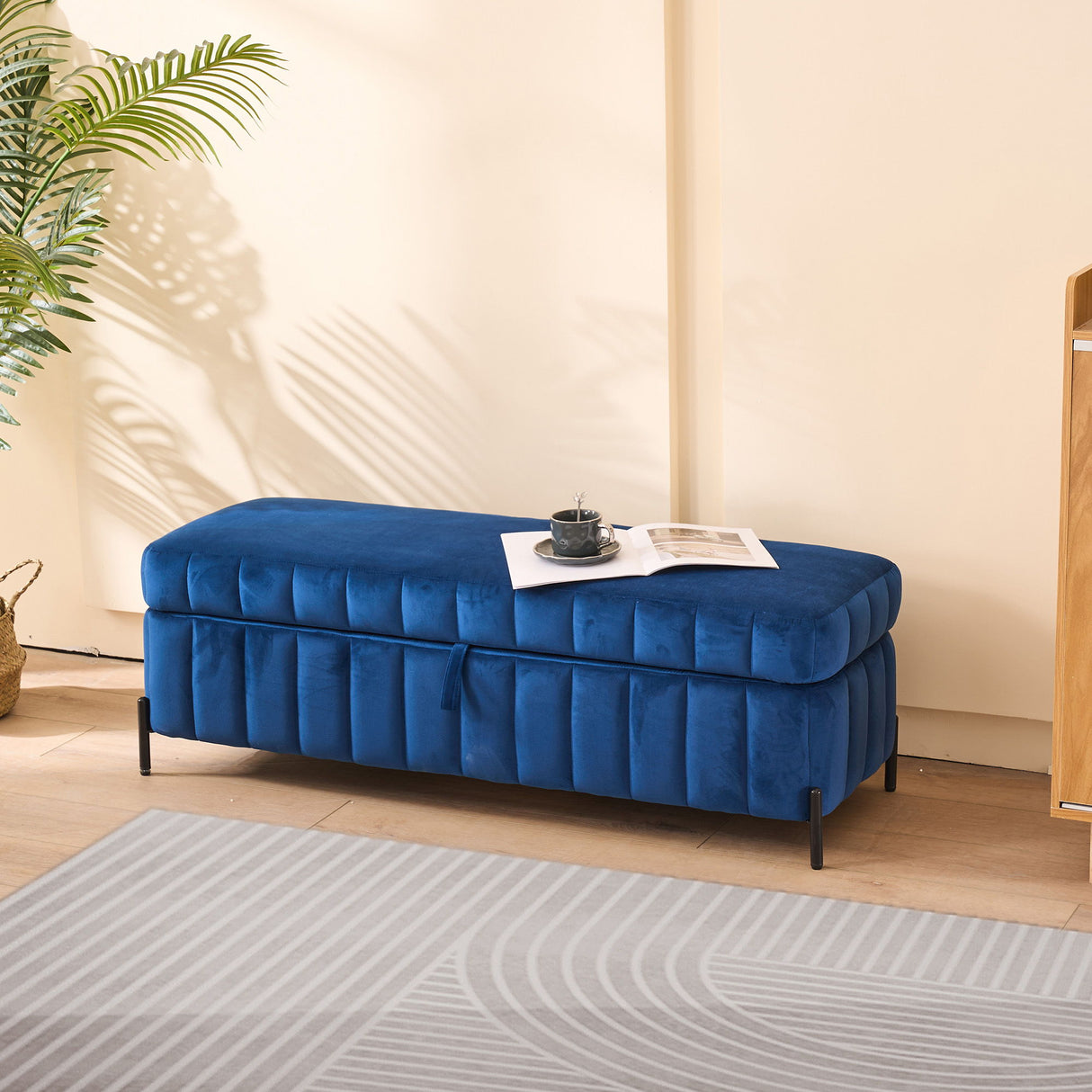 Wide Upholstered Velvet Storage Soft Bench Ottoman With Metal Legs