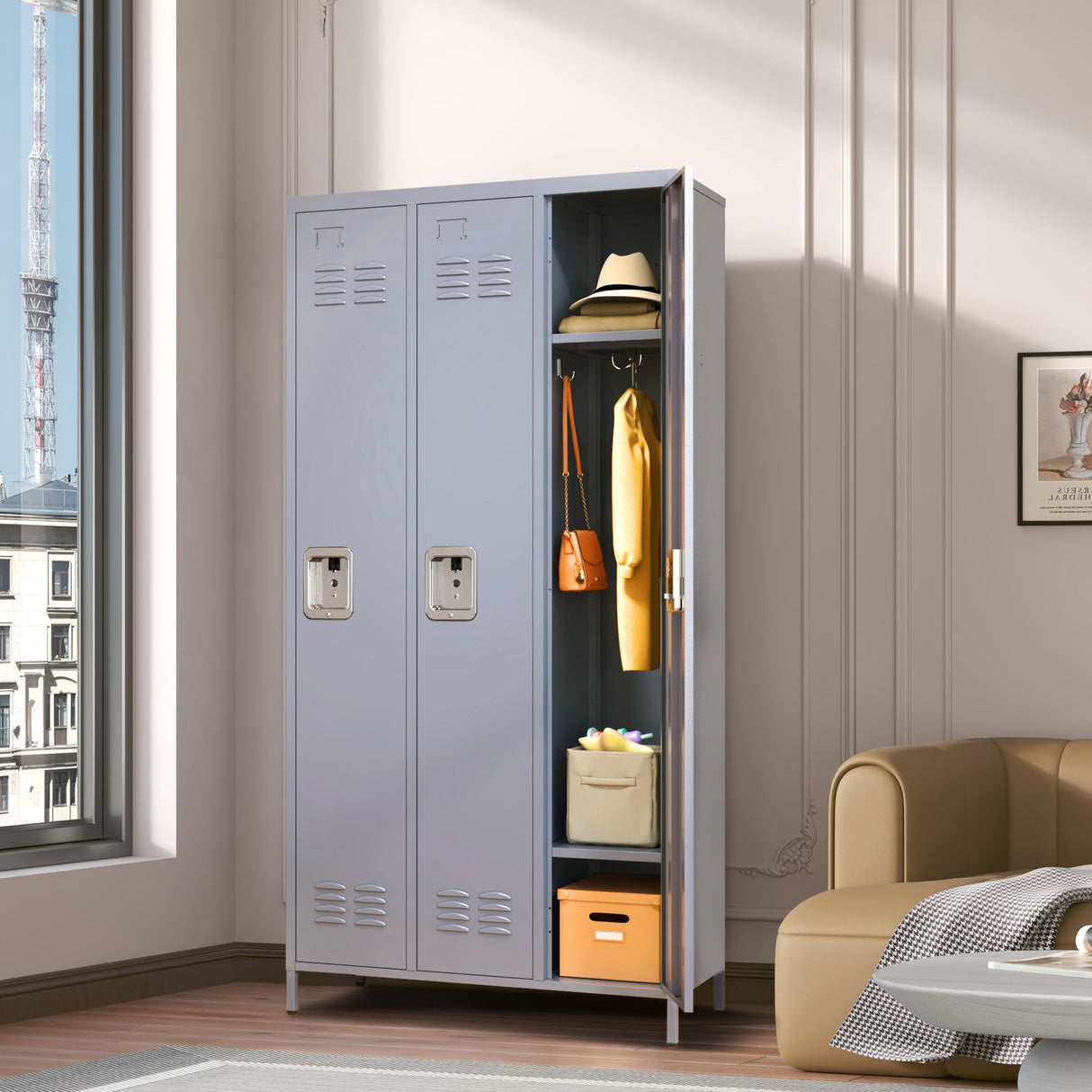 3 Door Lockers With Lock For Home, Gym, Office, School, And Garage - Gray