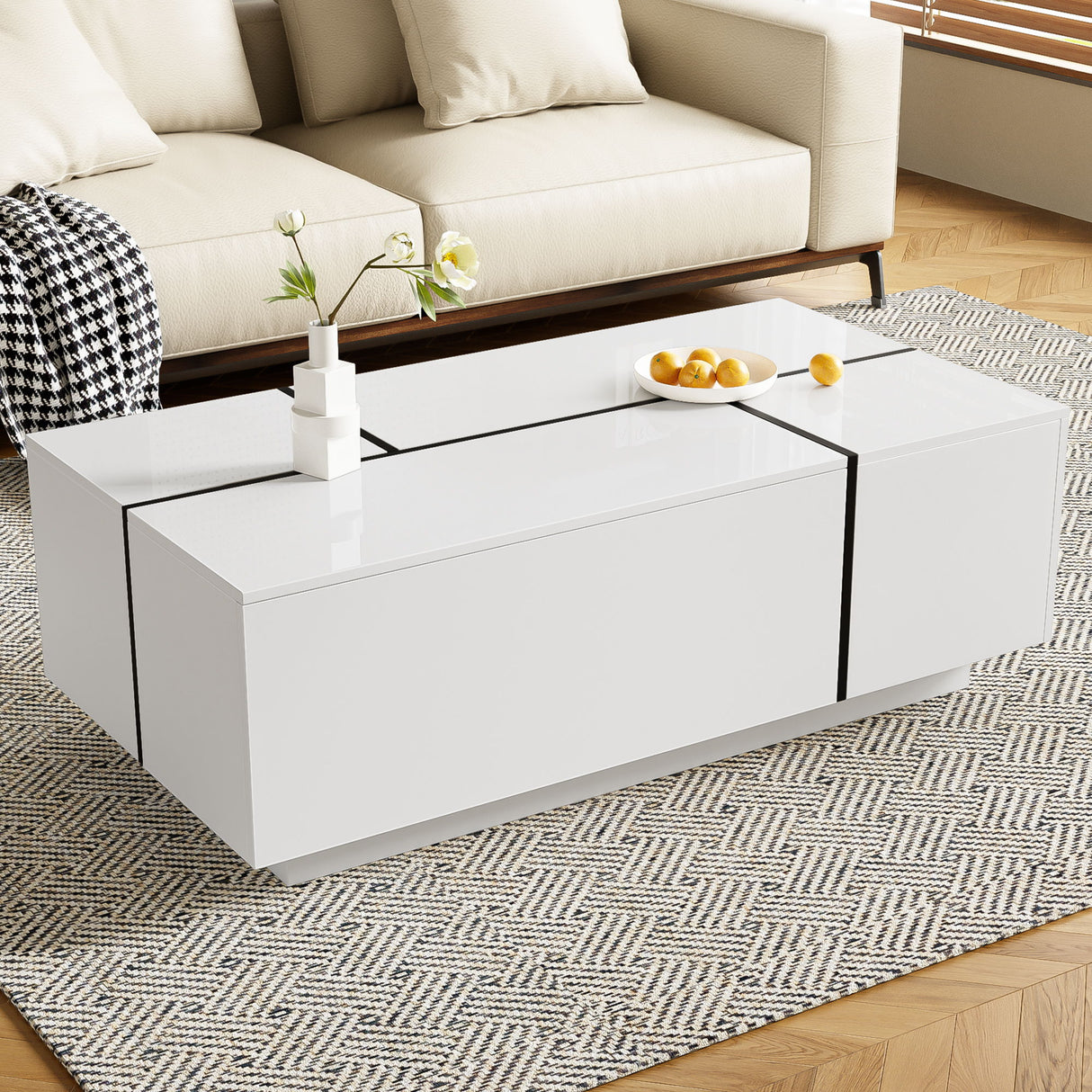 Extendable Coffee Table With 2 Hidden Storage Space And 2 Drawers For Living Room