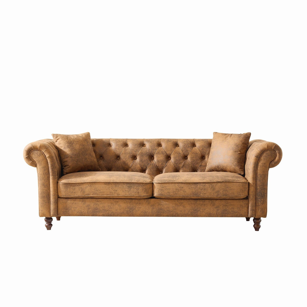 Chesterfield Sofa, High Roll Armrest Sofa, Upholstered Mid Century Modern Couch, 3 Seater Couch - Brown