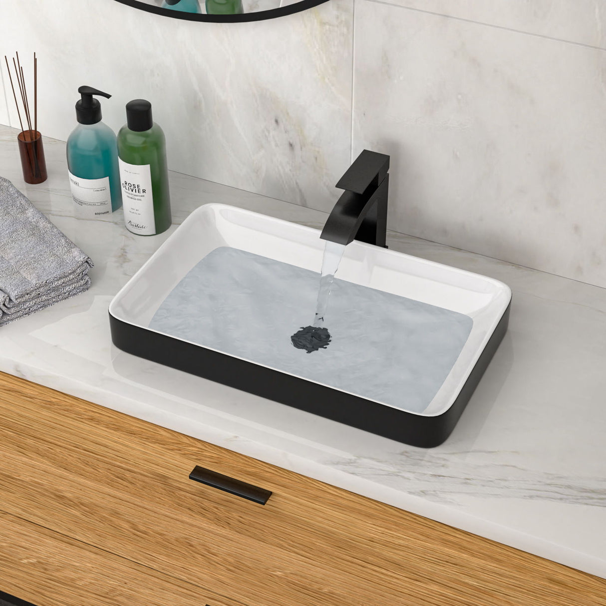 Semi Recessed Bathroom Sink With Vessel Design, Durable Glazed - White / Black