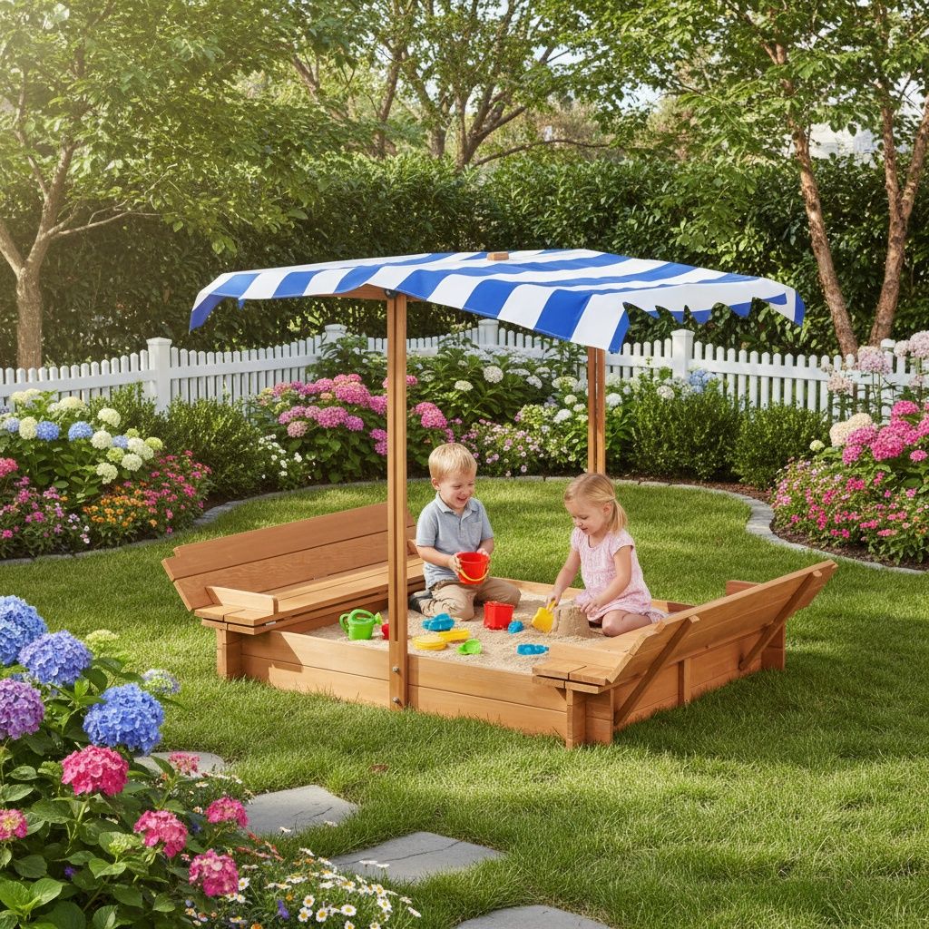 Kids Sandbox With Adjustable Cover, Sand Box With 2 Foldable Bench Seats, Outdoor Sandpit For Backyard Play - Light Brown