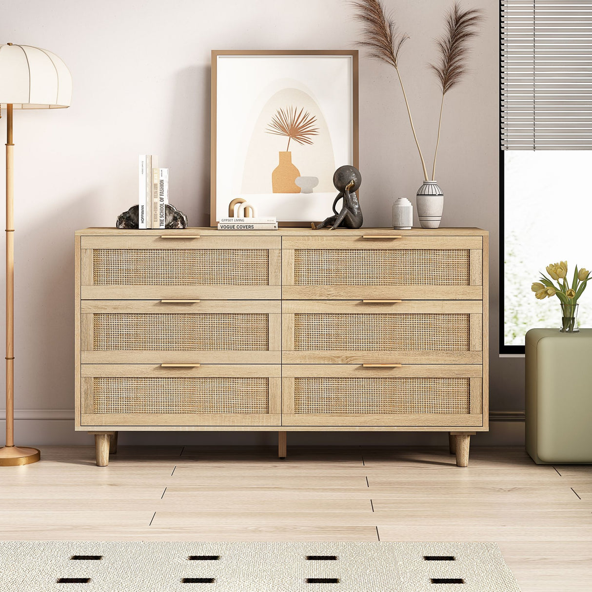 Rattan Storage Cabinet With 6 Drawers For Bedroom And Living Room - Natural