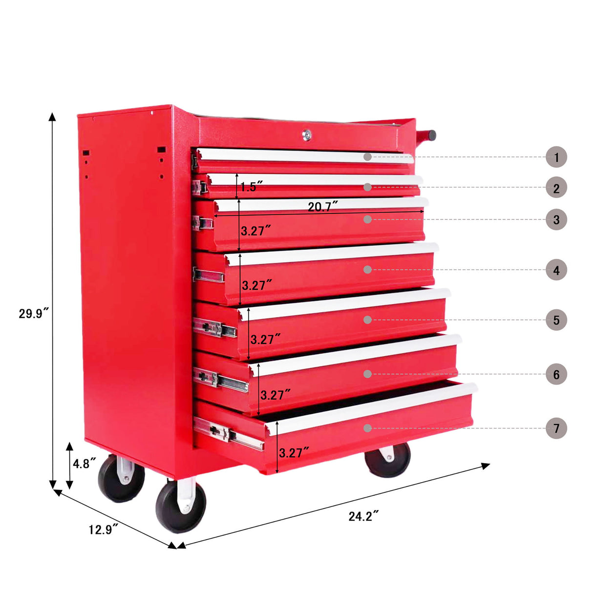 Red 7 Drawer Metal Rolling Tool Chest With Locking System And Wheels, Steel Construction - Red