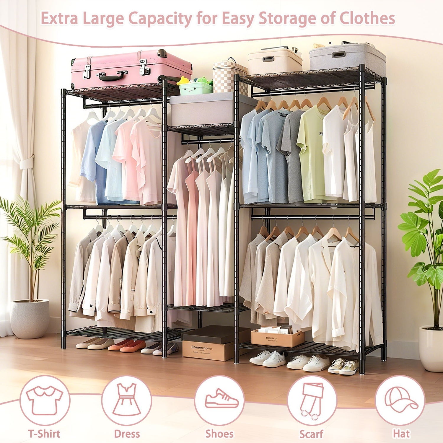 Heavy Duty Garment Rack With 8 Adjustable Wire Shelves And 5 Clothes Rails, Freestanding Closet Organizer Metal - Black