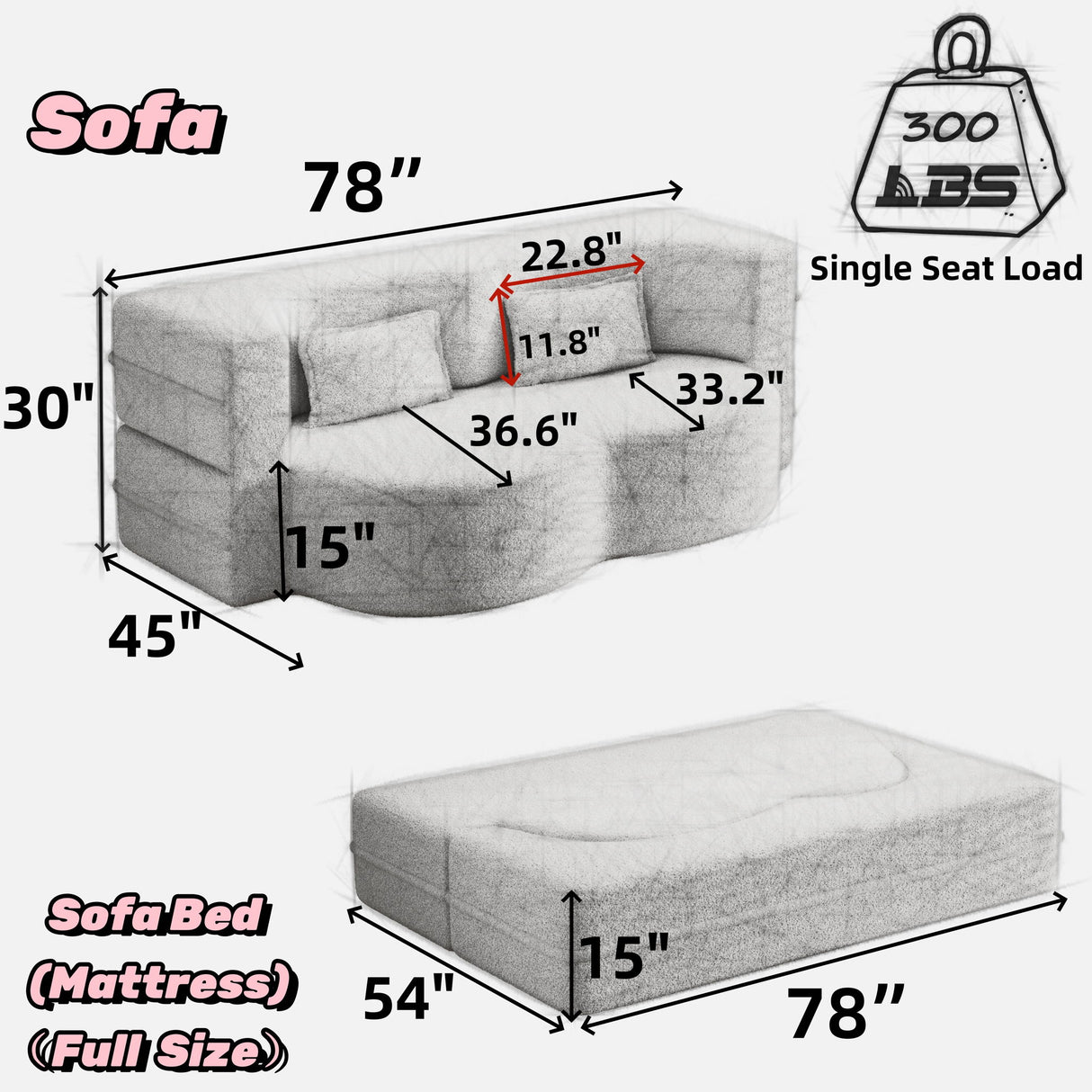 Floor Convertible Sleeper Sofa Bed With 2 Pillows